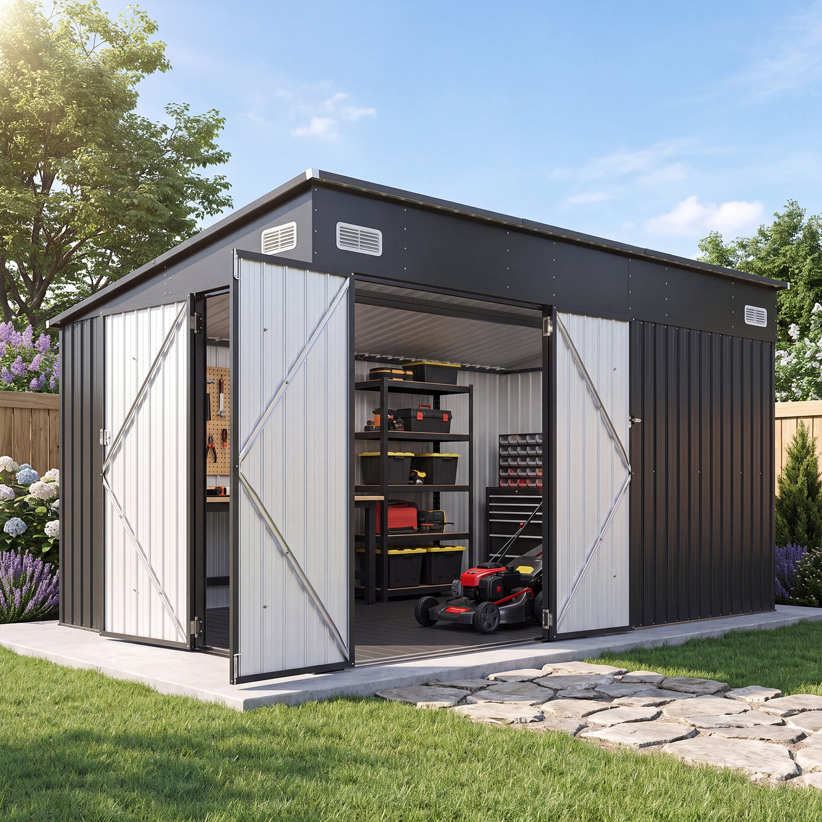 Aoxun 7.5'x4' Outdoor Storage Shed with 3 Lockable Doors & 14mm PP Floor | 7.5x4 FT Metal Garden Shed with Floor, Outdoor Storage Cabinet with Sloping Roof for Backyard, Black