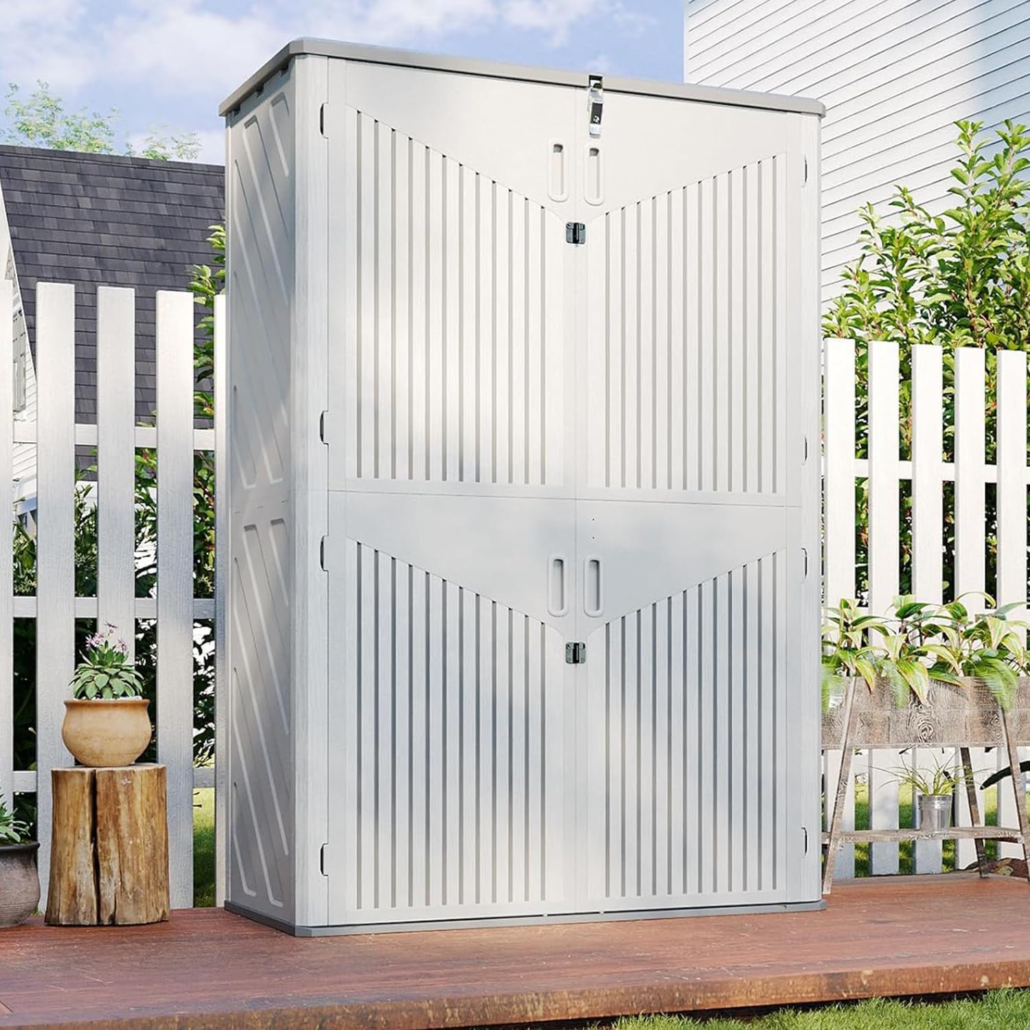 Resin Vertical Shed with Floor, Tall Tool Shed with Lockable Doors, DIY Friendly, 64 Cubic Feet