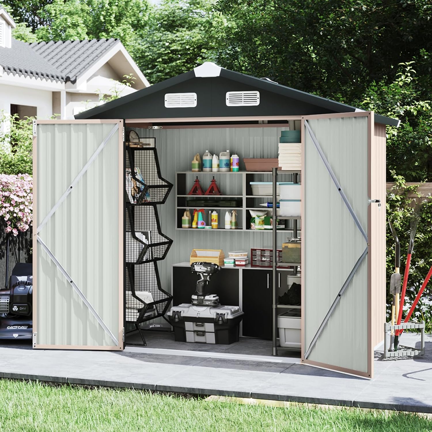 Utility Metal Shed, Steel Tool Shed with Air Vent and Lockable Door