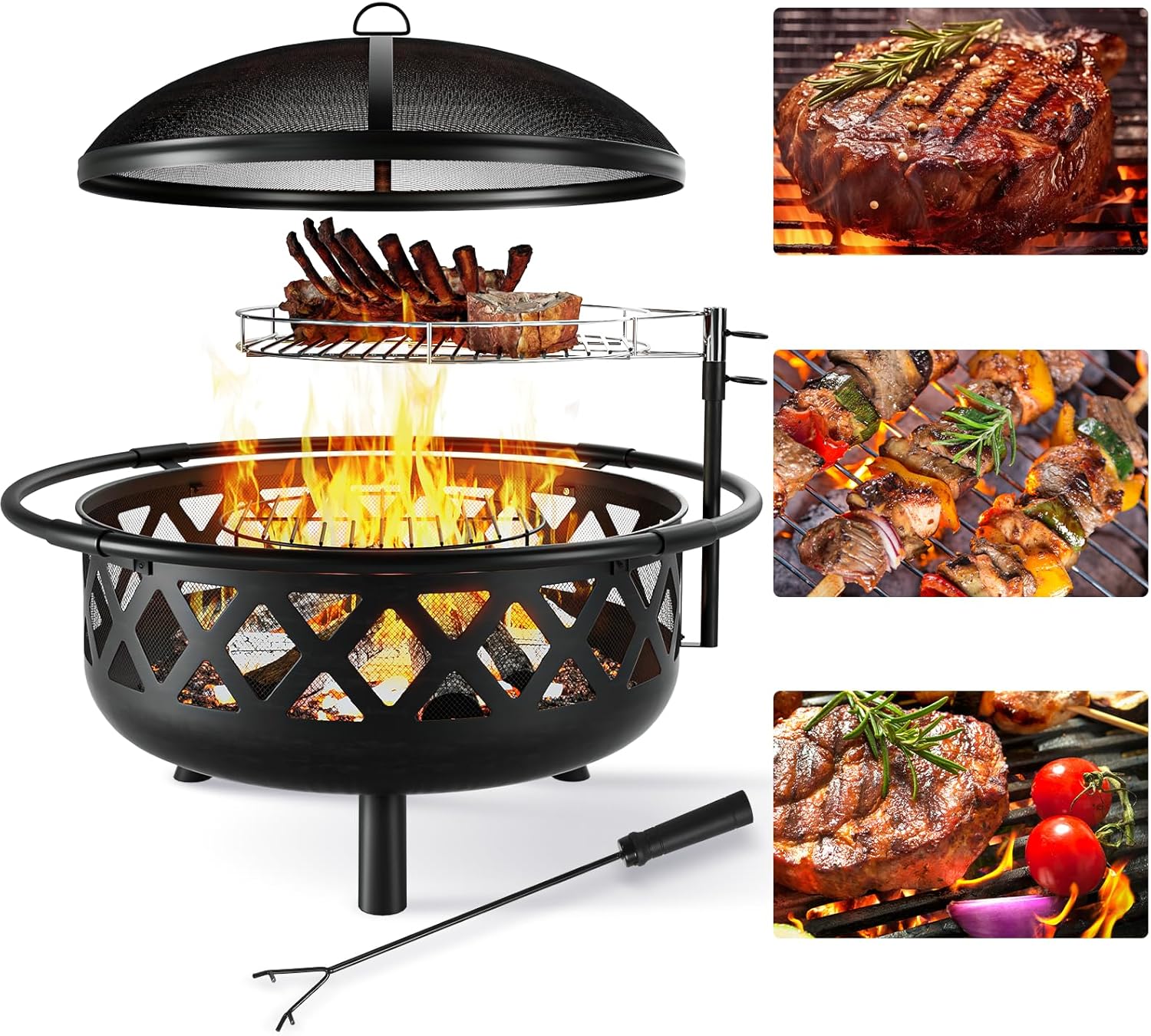 Fire Pit with Cooking Grate Grill, Outdoor Wood Burning Fire Pit with Cover & Fire Poker