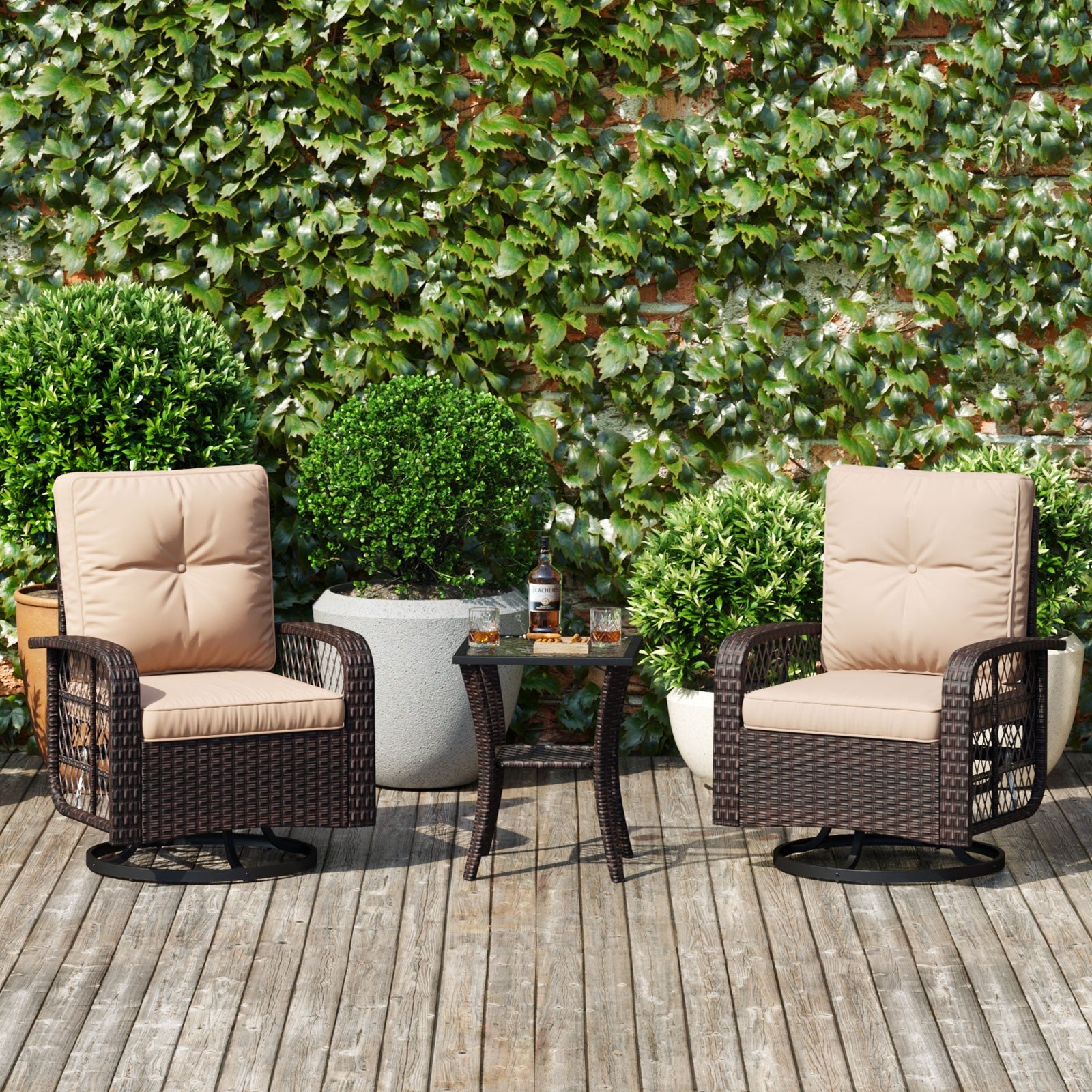 Rocking Rattan Swivel Chair Set with Coffee Table & Optional Ottomans