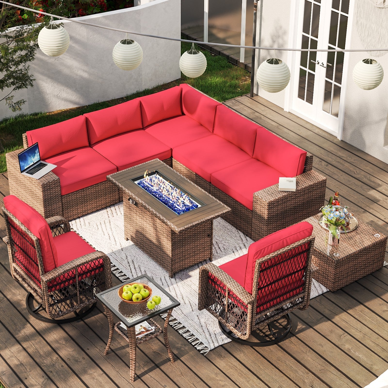 10 Pieces Patio Furniture Set Wicker Rattan Outdoor Furniture with Fire Pit Table Patio Sectional Sofa with Swivel Rocking Chairs for Deck, Backyard and Garden (Beige/Blue/Red)