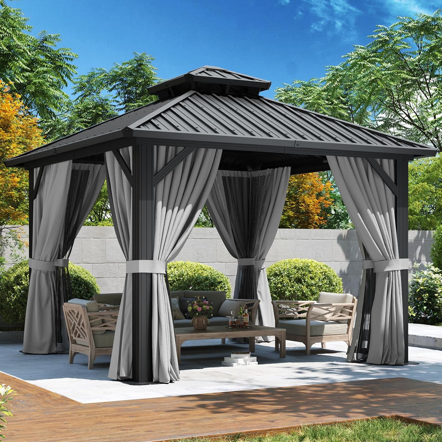 10'x10' Hardtop Gazebo, Aluminum Frame Canopy with Double Galvanized Steel Roof, Outdoor Metal Pavilion with Netting, Curtains for Backyard, Patio and Deck