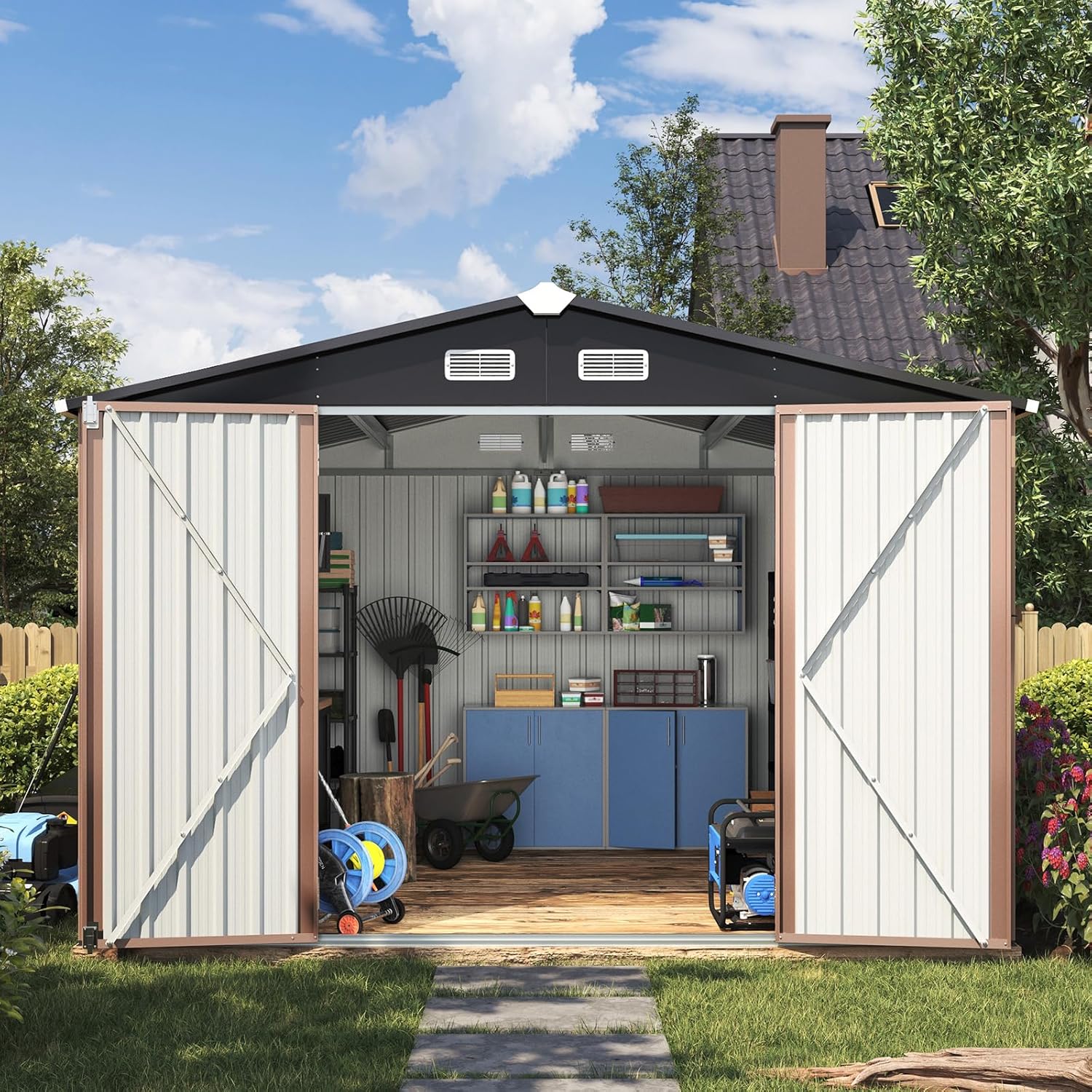 Utility Metal Shed, Steel Tool Shed with Air Vent and Lockable Door