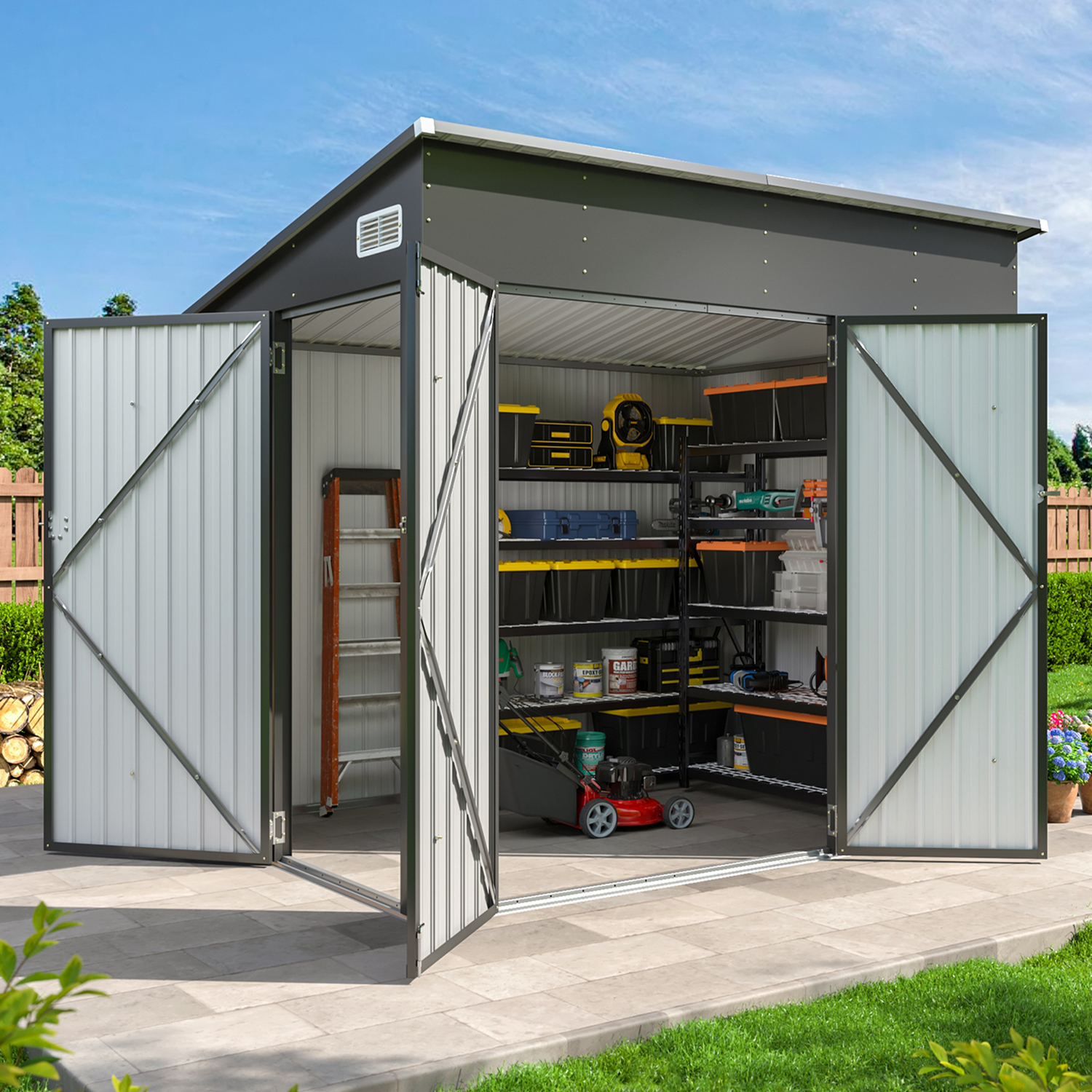 Aoxun 7.5'x4' Triple Door Shed Outdoor Storage Shed Black Metal Storage Cabinet with Slopping Roof for Tools Bicycles Storage for Garden,Patio, Backyard