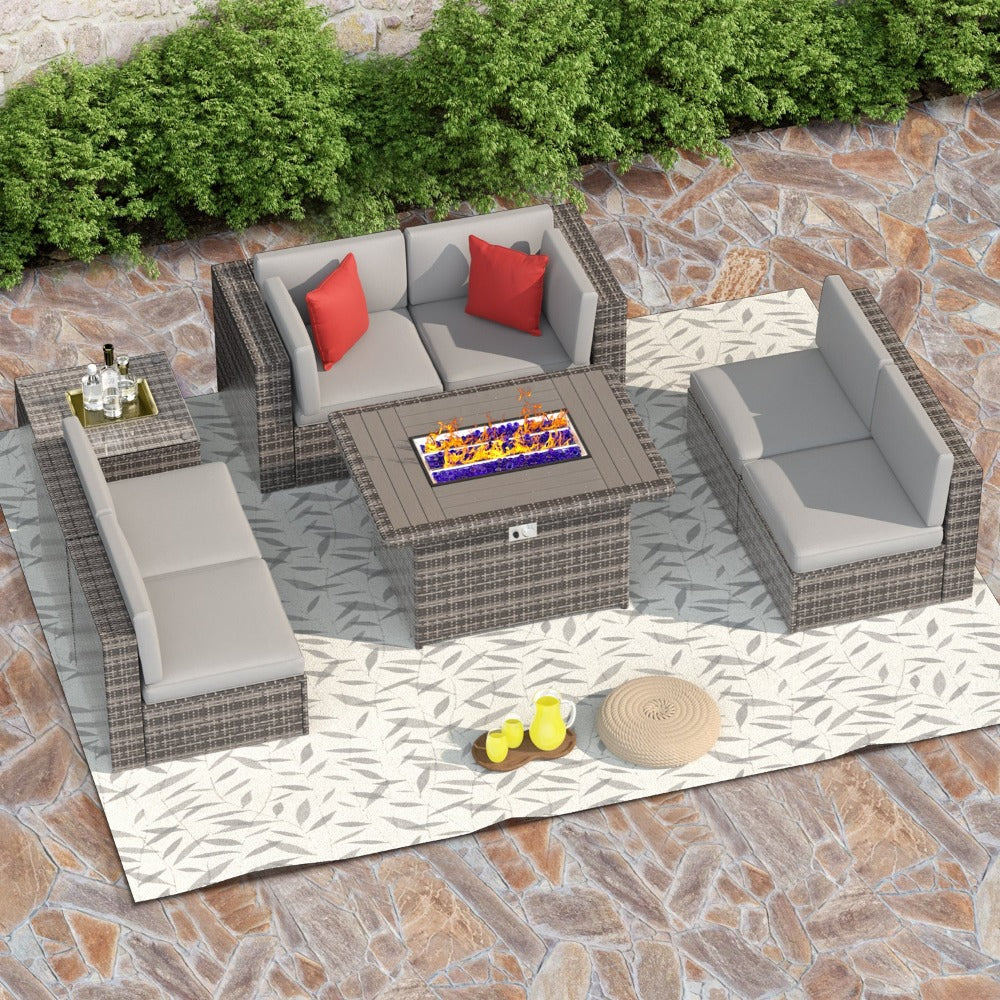 7 Pieces Wicker Patio Sofa Sets with Washable Cushions & Glass Coffee Table, Grey
