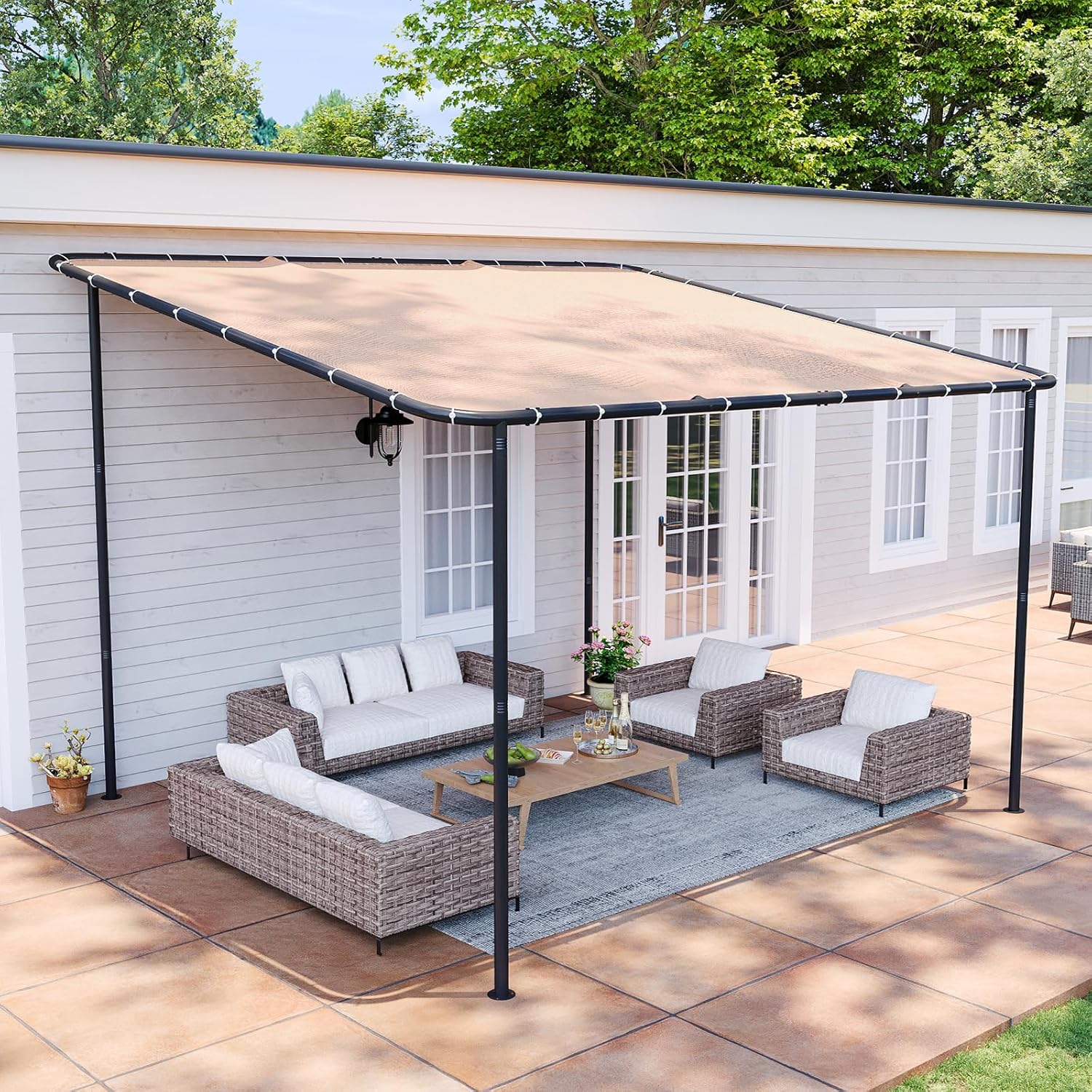 Aoxun 10x12 Lean to Gazebo Outdoor Pergola with Water Resistant & UV-Resistant, Wall-Mounted Canopy with Sloped Roof for Backyard, Deck, Patio or Garden Khaki