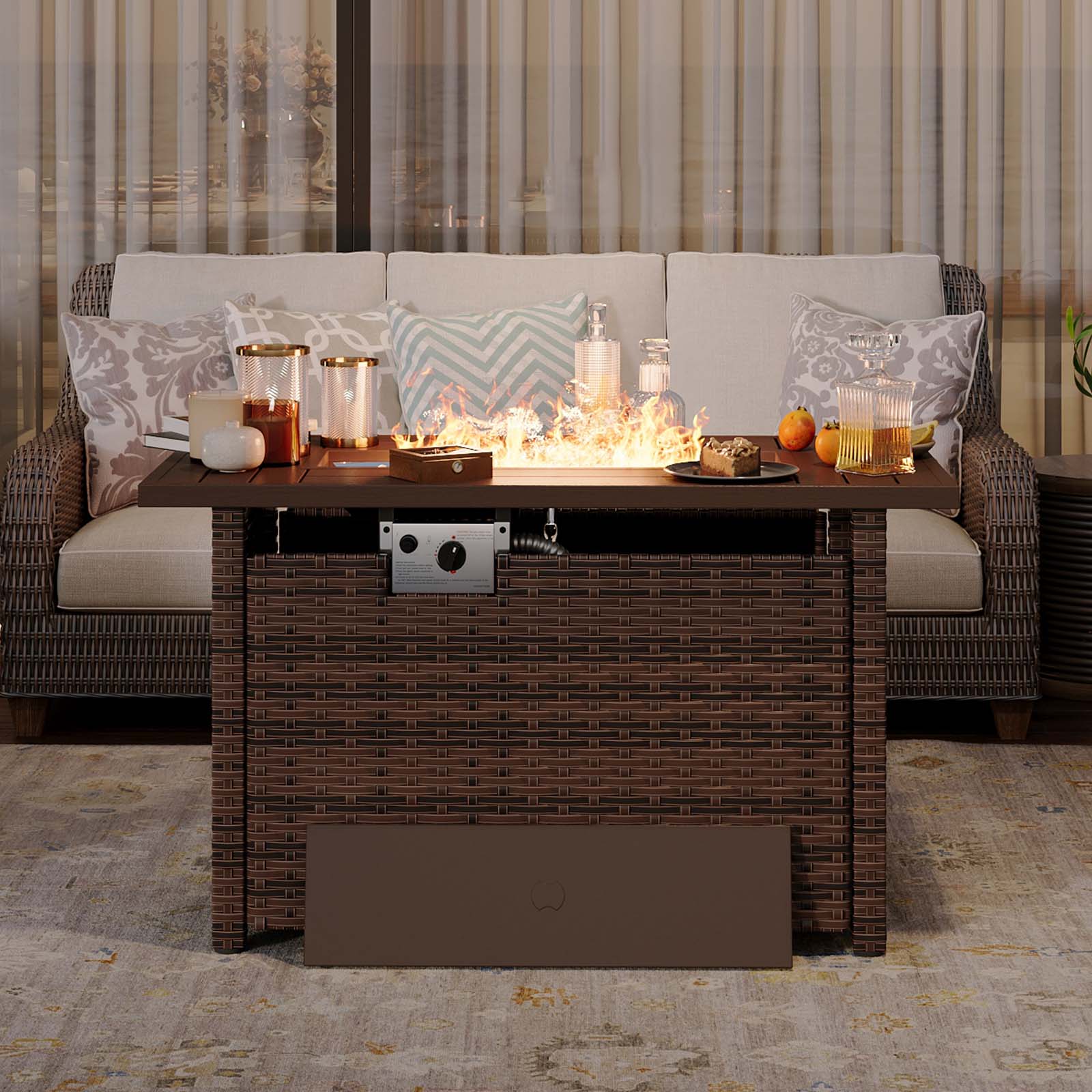 Aoxun 44" Propane Fire Pit with Storage 50,000 BTU Outdoor Wicker Fire Table with Wood-grainTabletop CSA Certified Patio Rectangular 2-in-1 Gas Fire Pit Table with Firepit Lid and Waterproof Cover