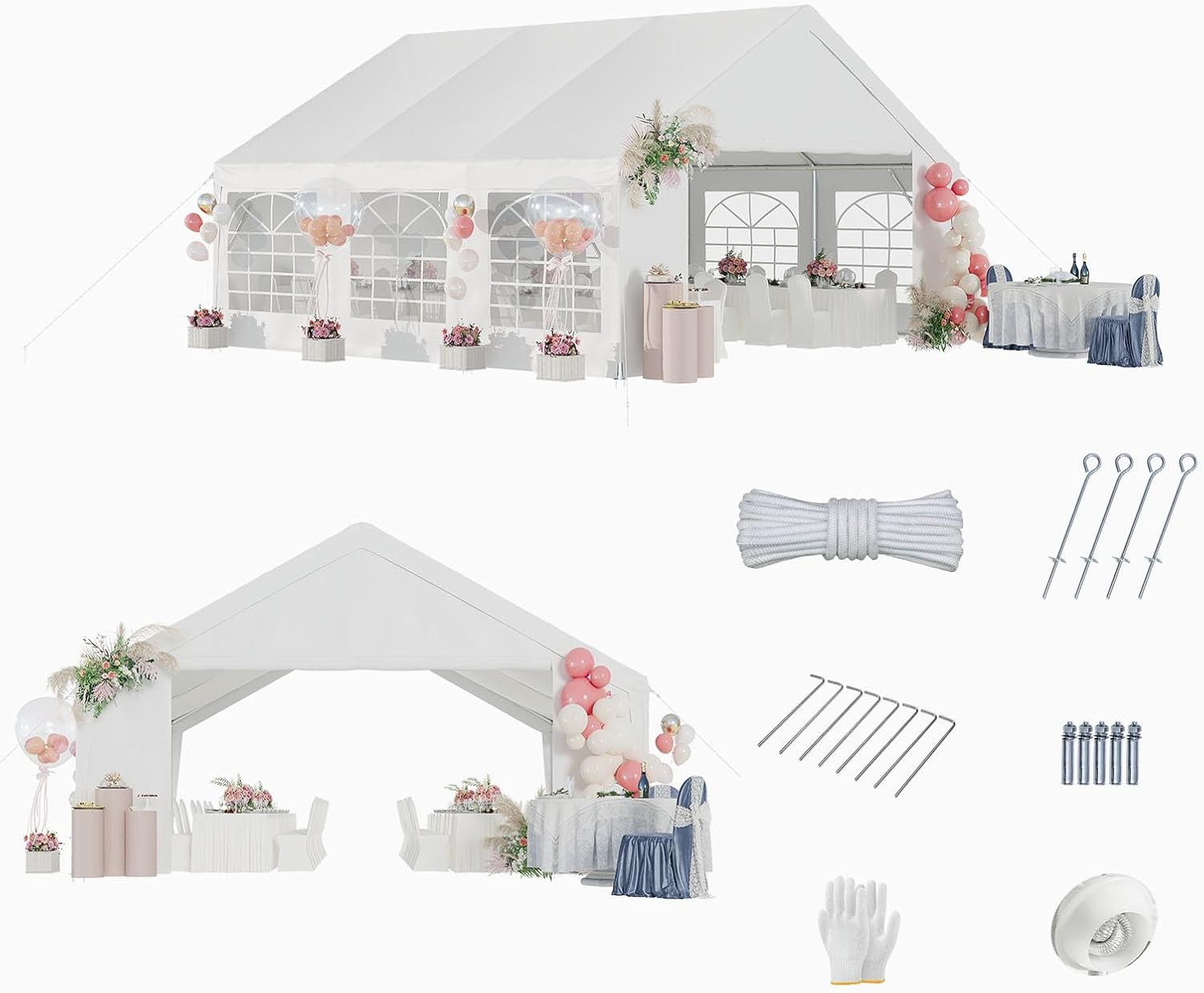 Aoxun Party Tent Canopy for Weddings Waterproof Event Tent with Removable Sidewalls &Roll-up Door, Heavy-Duty Steel Frame for Outdoor Weddings, BBQ, Birthday Parties, & Camping,White