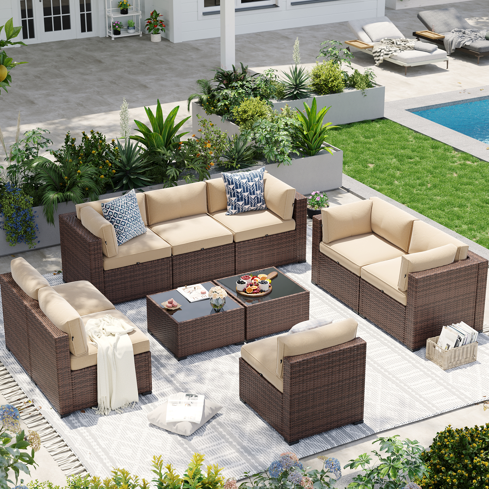 Aoxun Patio Furniture Sets Wicker Outdoor Conversation Set Sectional Sofa for Backyard, Poolside, Garden