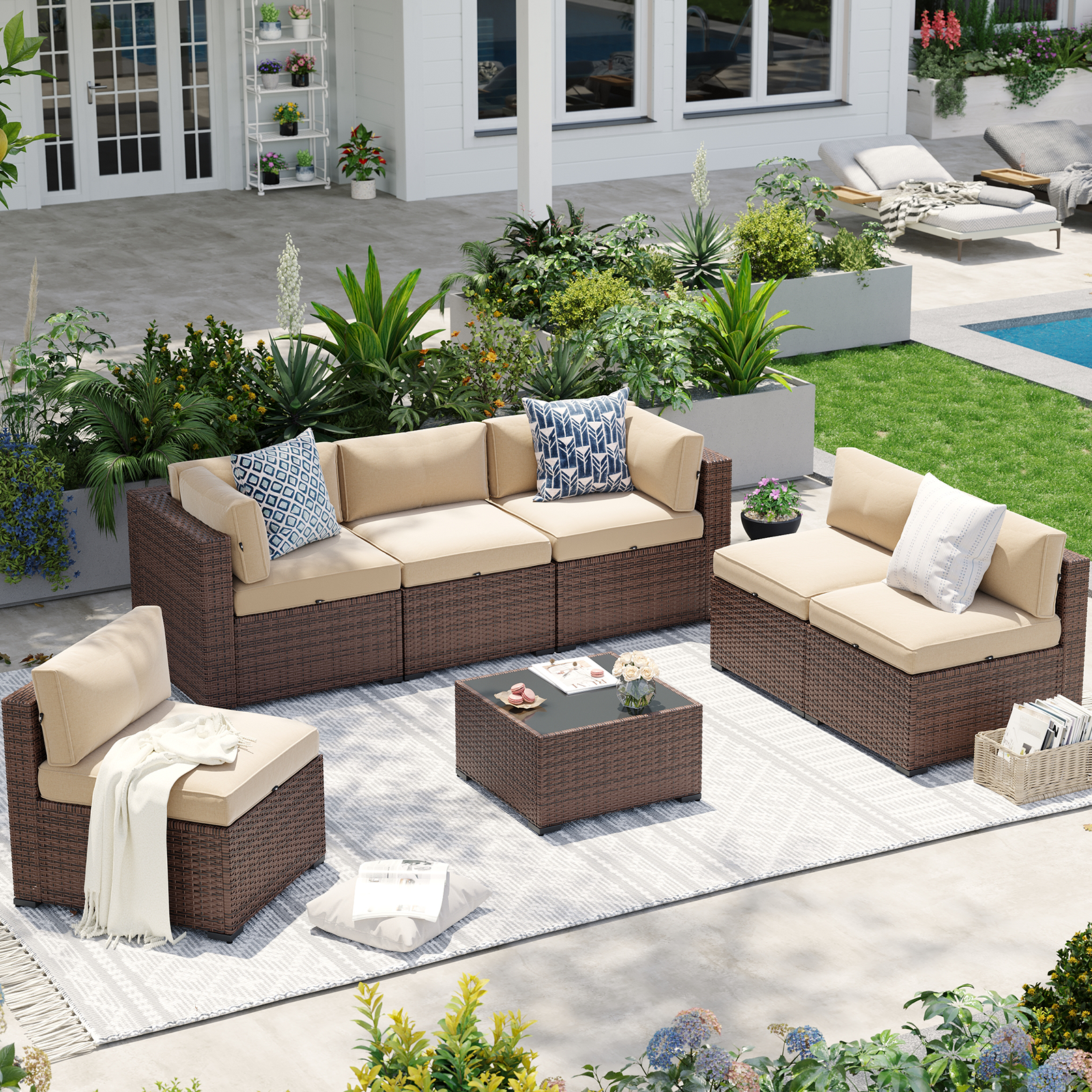 Aoxun Patio Furniture Sets Wicker Outdoor Conversation Set Sectional Sofa for Backyard, Poolside, Garden