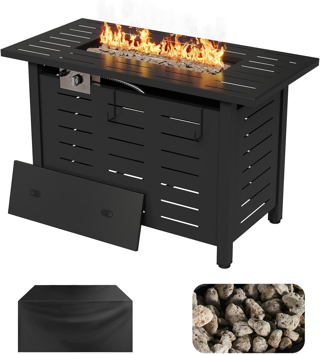 Aoxun 40" Outdoor Propane Fire Pit Table with Removable Lid - 50,000 BTU Patio Heater, Rectangle Gas Fire Pit with Lava Rocks & Waterproof Cover for Deck, Backyard, Garden,Black