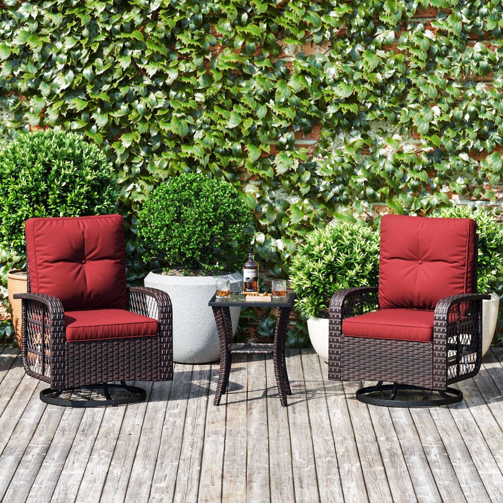 3 Pieces Rocking Rattan Chair Set, 2 Cushioned Swivel Wicker Chair with Coffee Table