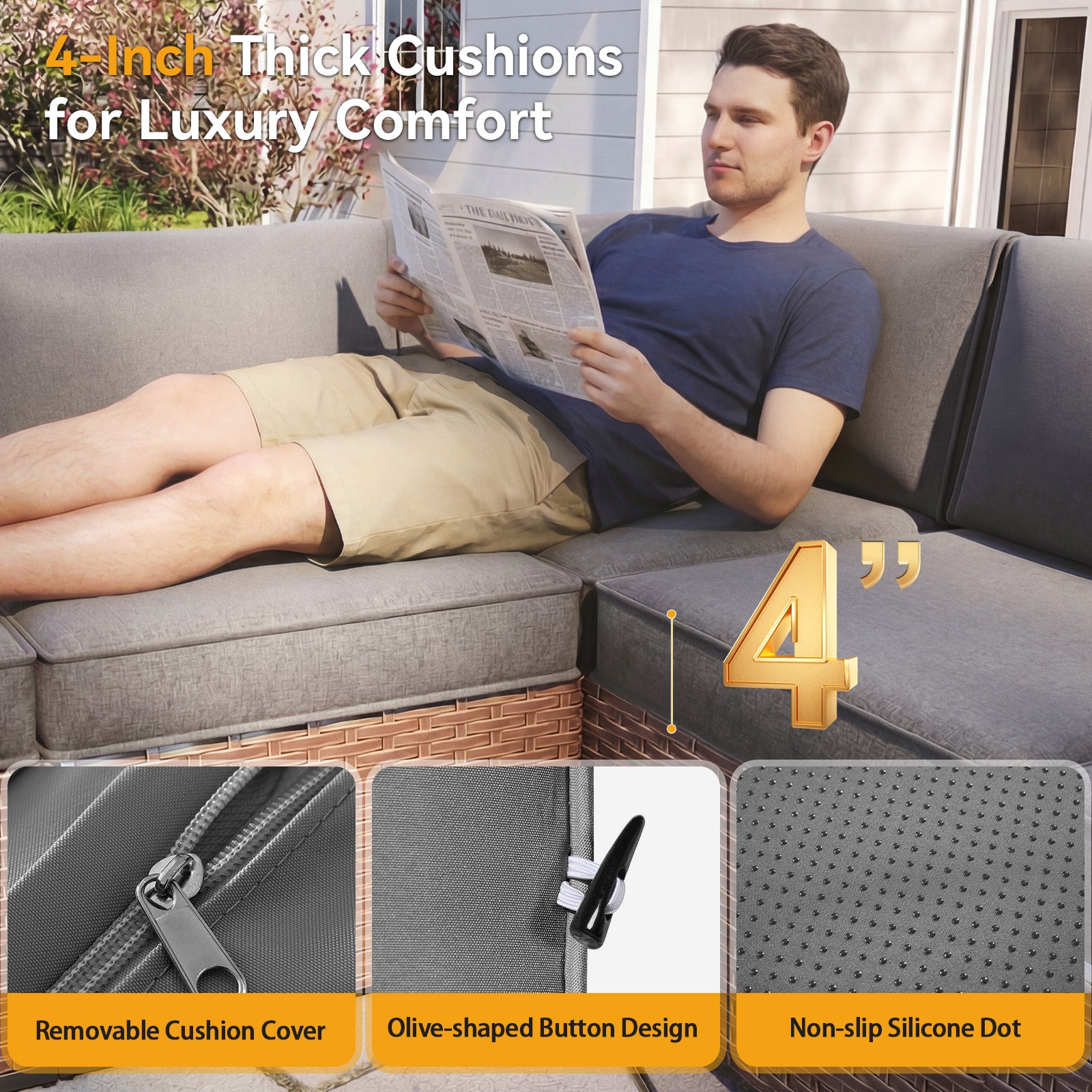 Aoxun Outdoor Replacement Cushions for Patio Furniture, 4'' Water-repellent Sofa Cushion for 4-Seat Rattan Wicker Sectional