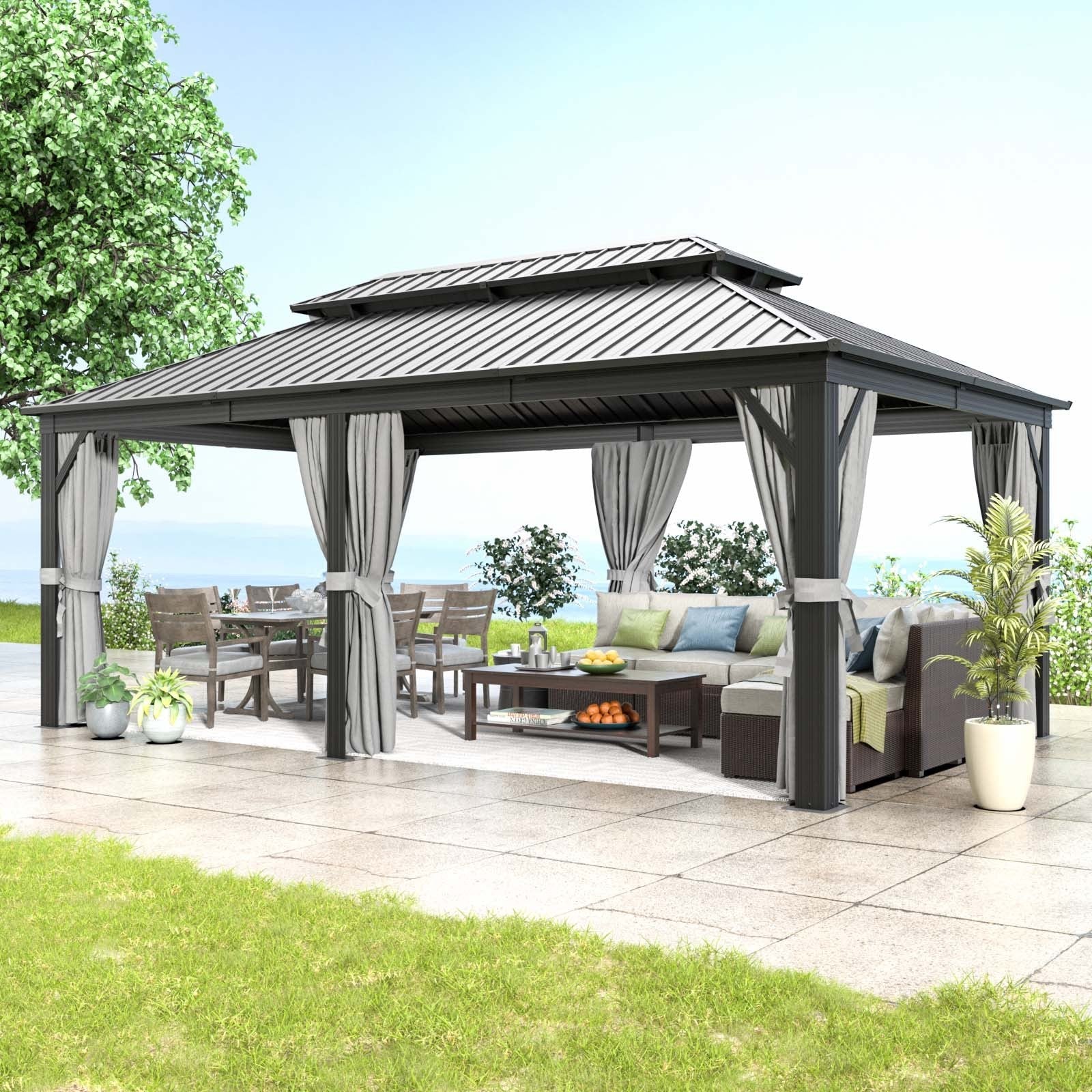 Galvanized Steel Roof Hardtop Gazebo, Vertical Line Double Roof, Aluminum Frame with Curtains and Netting