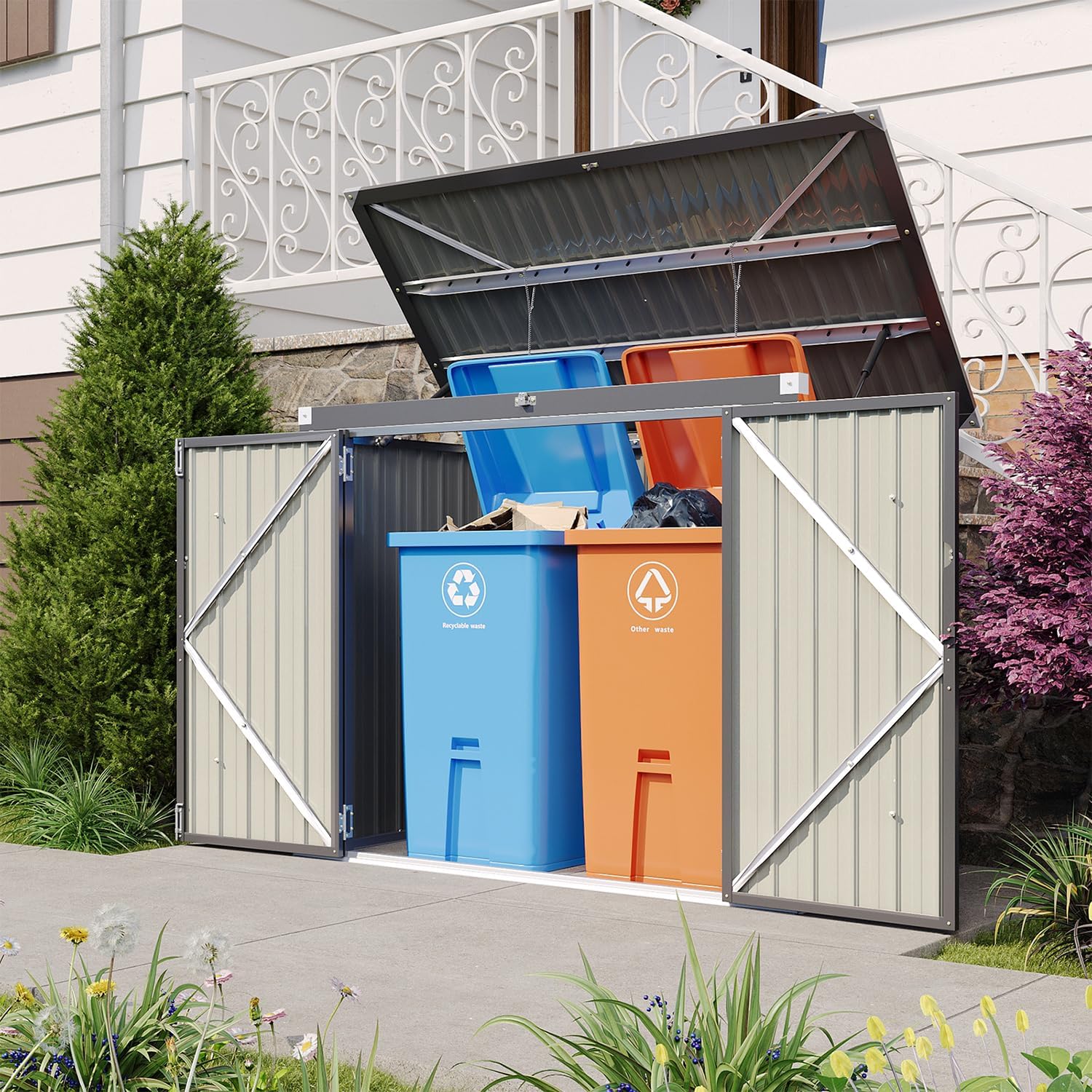 Aoxun 6' x 3' Outdoor Storage Shed Metal Trash Can Storage with Chain Lid Waterproof Outdoor Garbage Can Organizer, Ideal for 2 Trash Bins, Toys, Garden Tools (Black)
