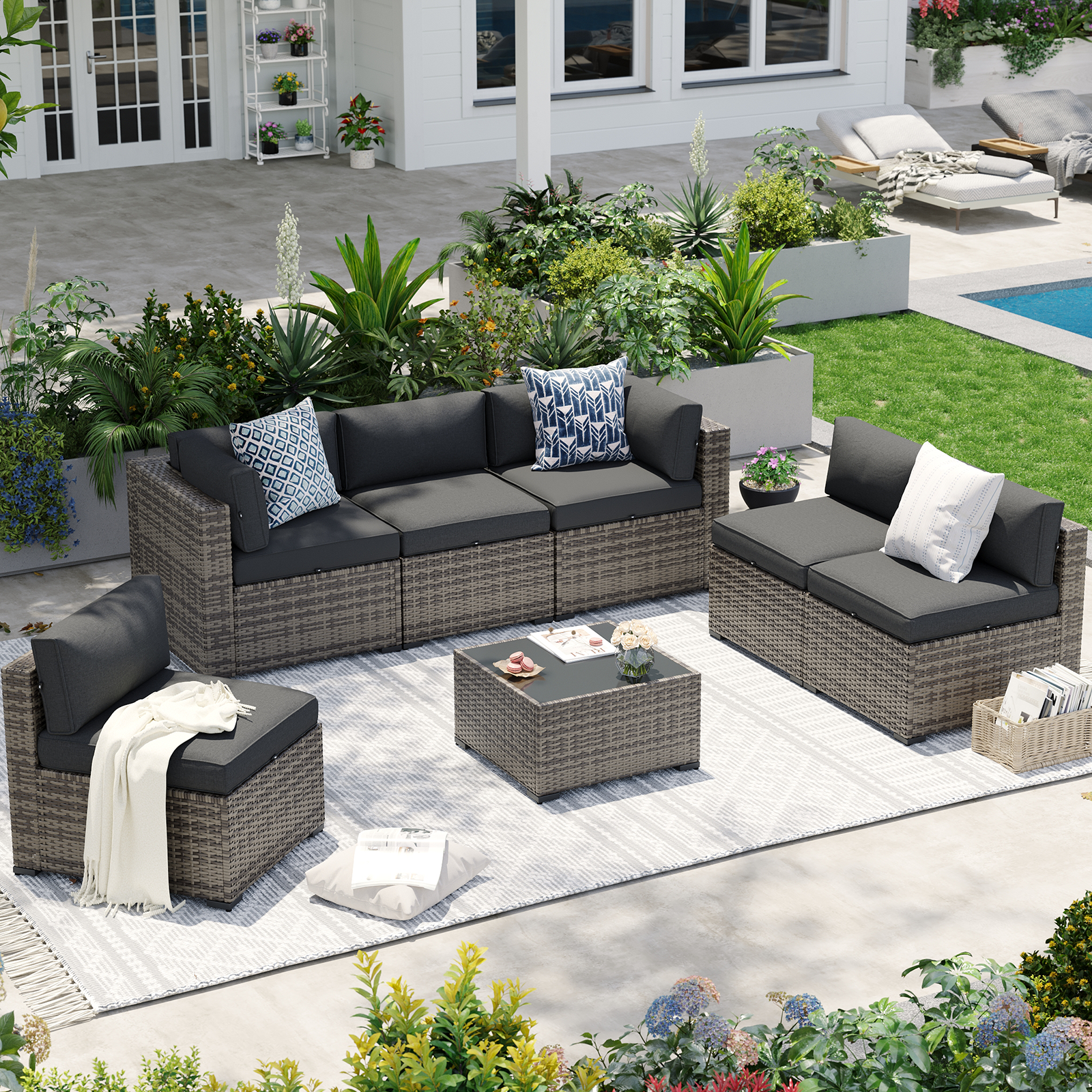 Aoxun Patio Furniture Sets Wicker Outdoor Conversation Set Sectional Sofa for Backyard, Poolside, Garden