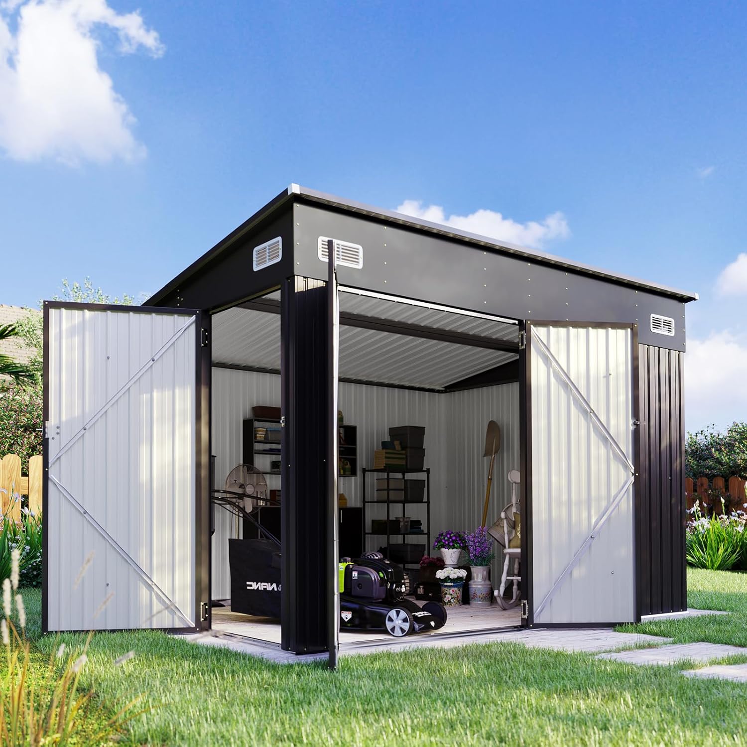 Metal Storage Shed with Triple Lockable Door, Sloped Roof