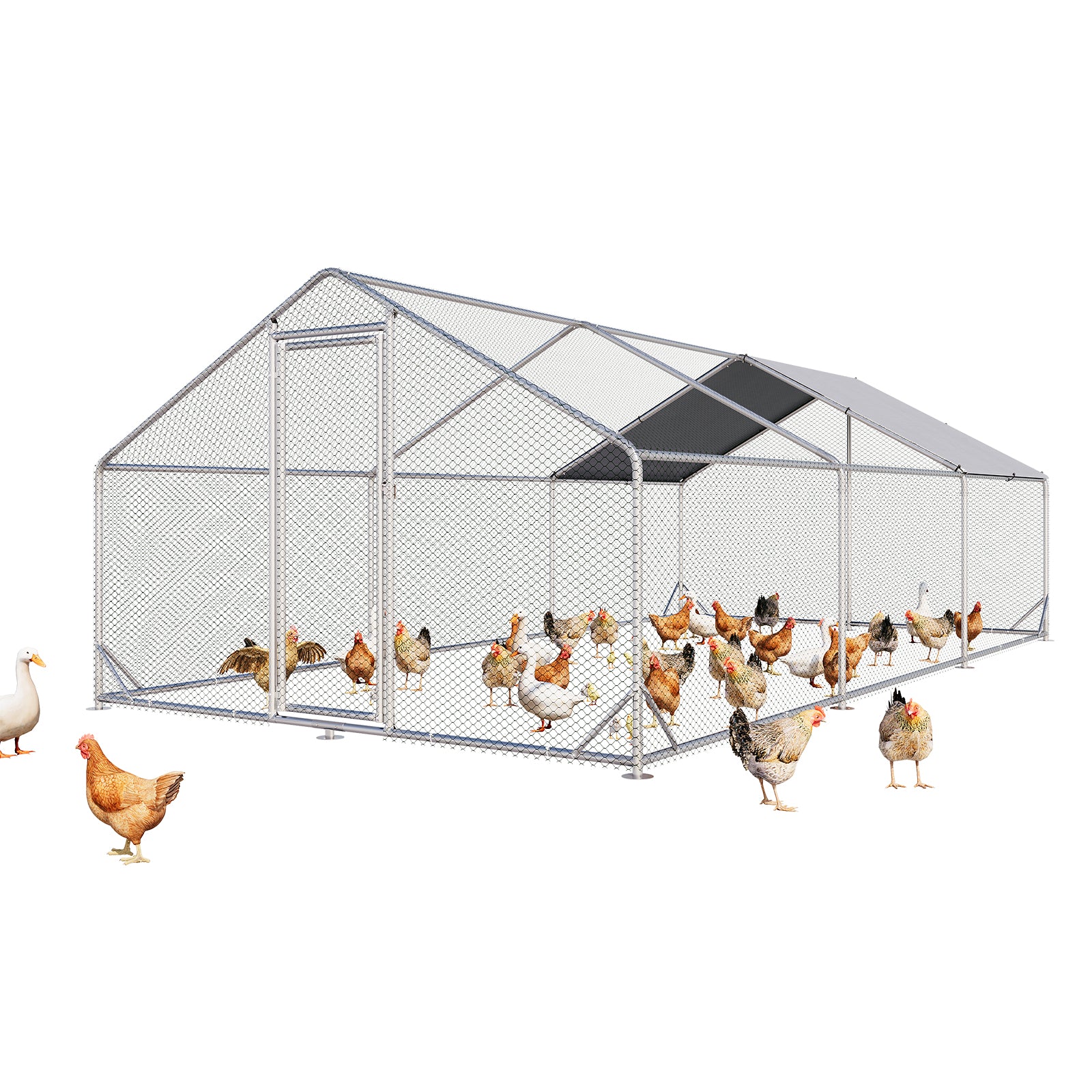 Aoxun Metal Chicken Coop , Outdoor Chicken Runs for Yard with Cover, Spire Roof Hen House Enclosure with Security Lock (10x20x6.4 FT)