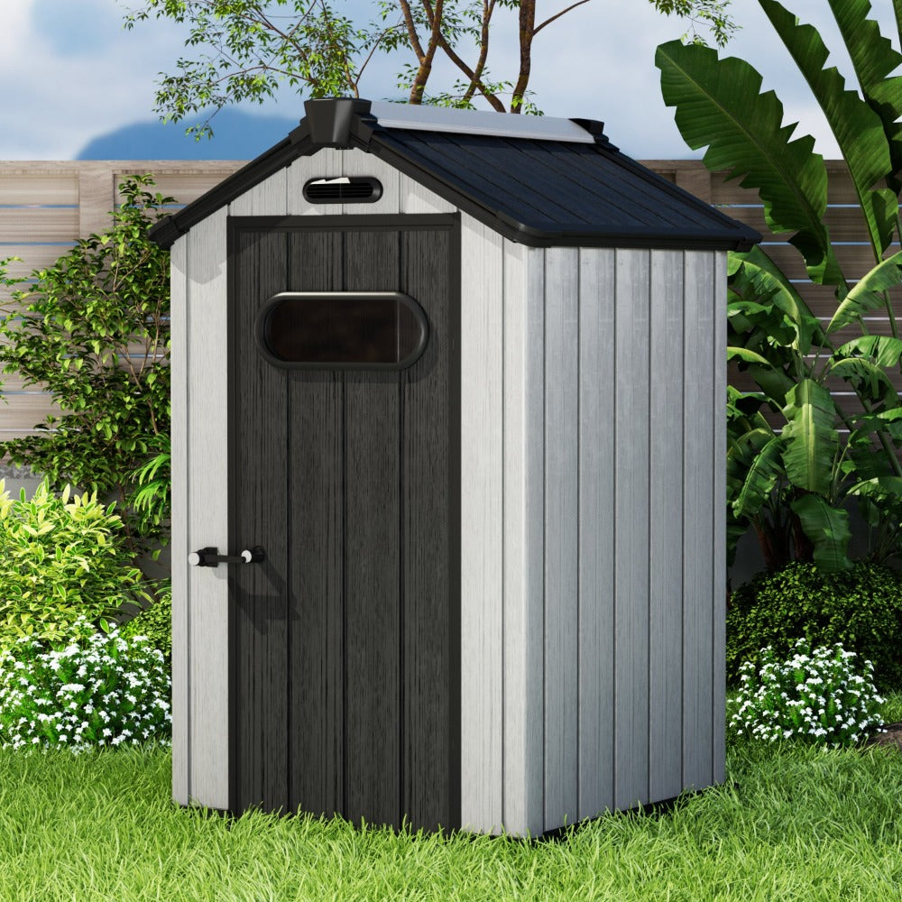 3.8' x 4.0' Resin Tool Shed, Polypropylene Storage Shed with Lockable Doors, Floor Included, Black and Grey
