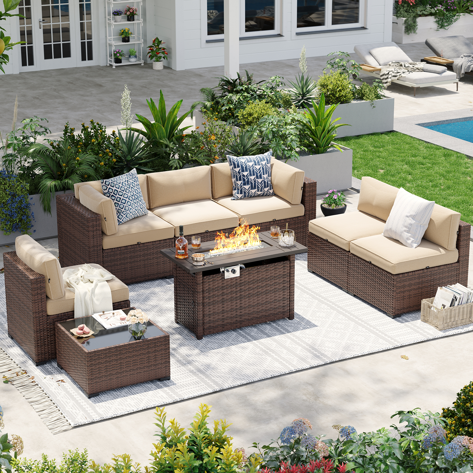 Aoxun Patio Furniture Sets Wicker Outdoor Conversation Set Sectional Sofa for Backyard, Poolside, Garden