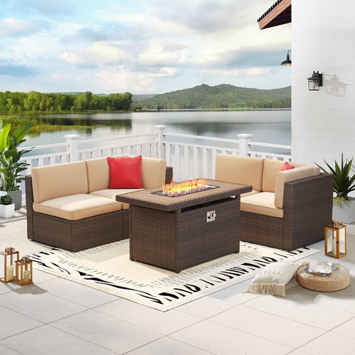 5 Pieces Patio Sectional Wicker  Sofa Set with 40" Fire Pit Table, Brown
