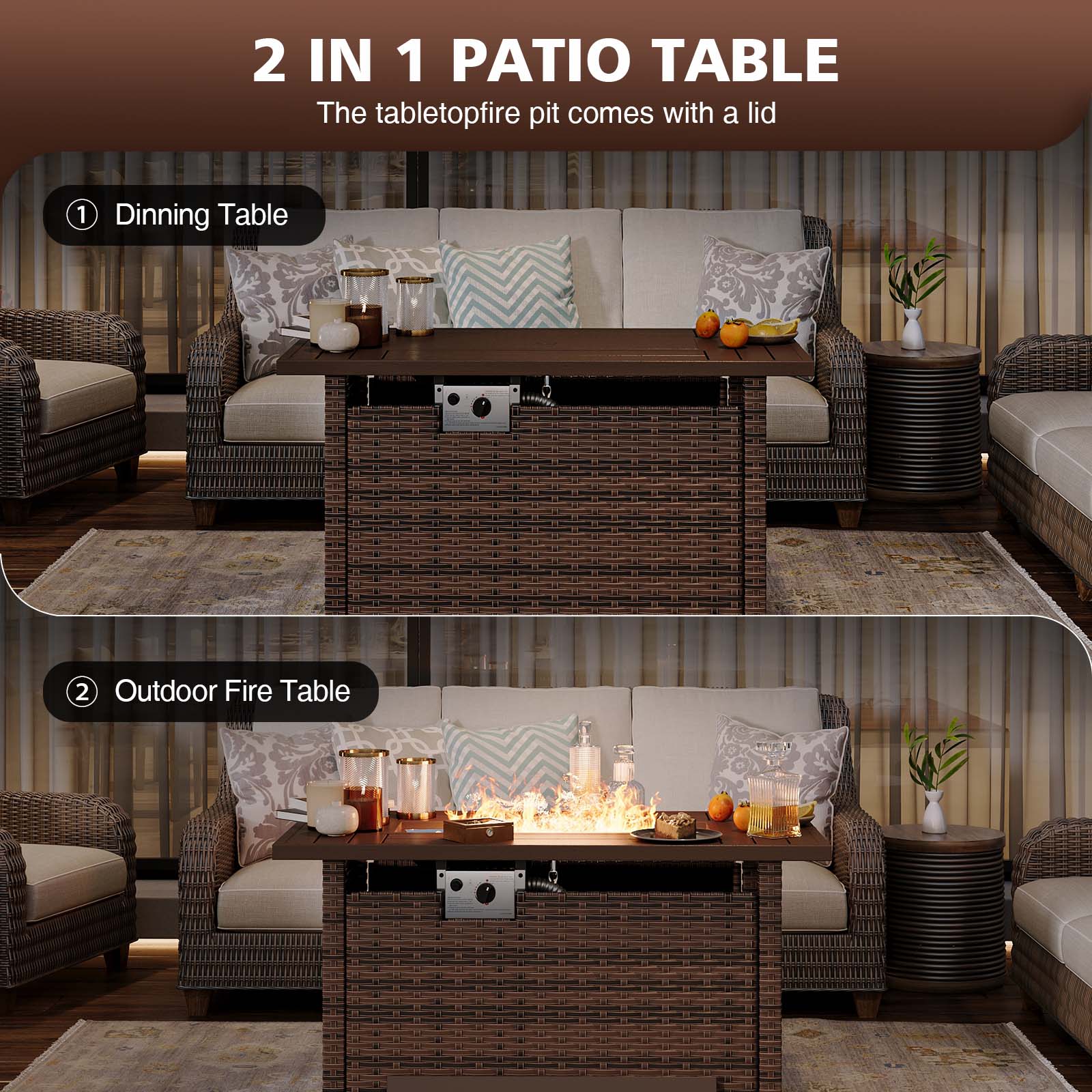 Aoxun 44" Propane Fire Pit with Storage 50,000 BTU Outdoor Wicker Fire Table with Wood-grainTabletop CSA Certified Patio Rectangular 2-in-1 Gas Fire Pit Table with Firepit Lid and Waterproof Cover