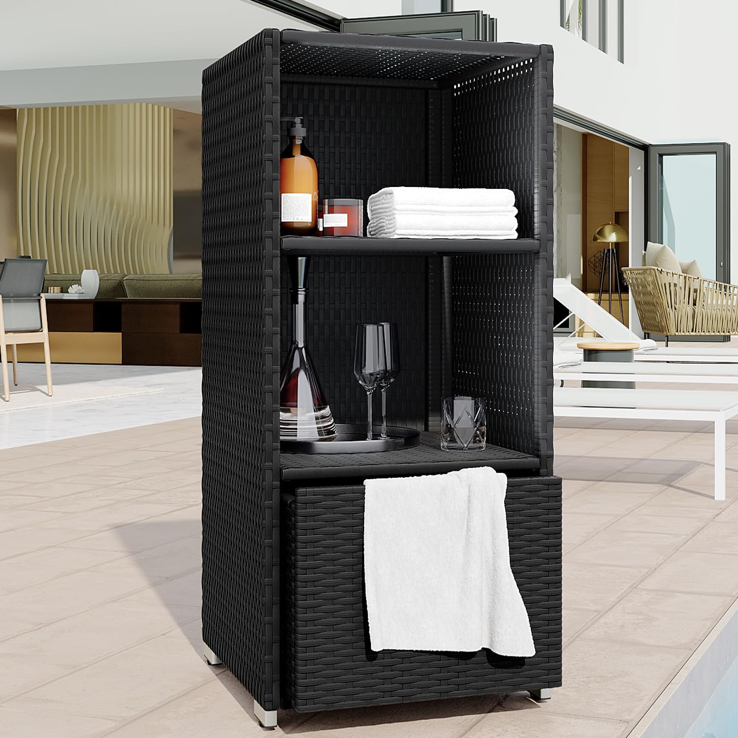 Wicker Pool Towel Cabinet with Bottom Drawer