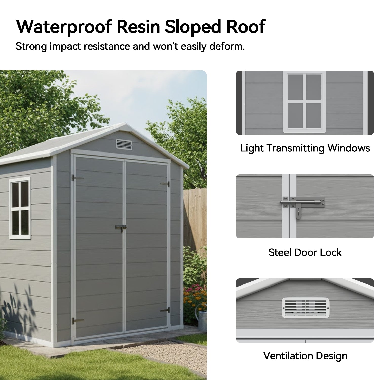 Aoxun 6x4 FT Outdoor Storage Shed, Plastic Garden Resin Shed with Floor and Window for Patio, Lawn, Outdoor Storage with Lockable Door for Bike, Garbage Can, Tools, Grey