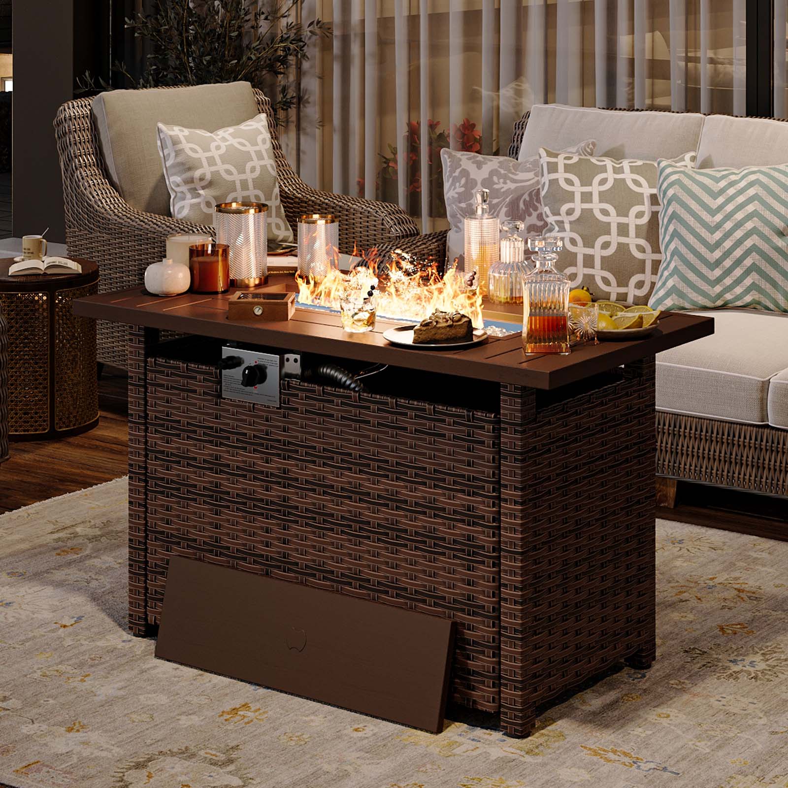Aoxun 44" Propane Fire Pit with Storage 50,000 BTU Outdoor Wicker Fire Table with Wood-grainTabletop CSA Certified Patio Rectangular 2-in-1 Gas Fire Pit Table with Firepit Lid and Waterproof Cover