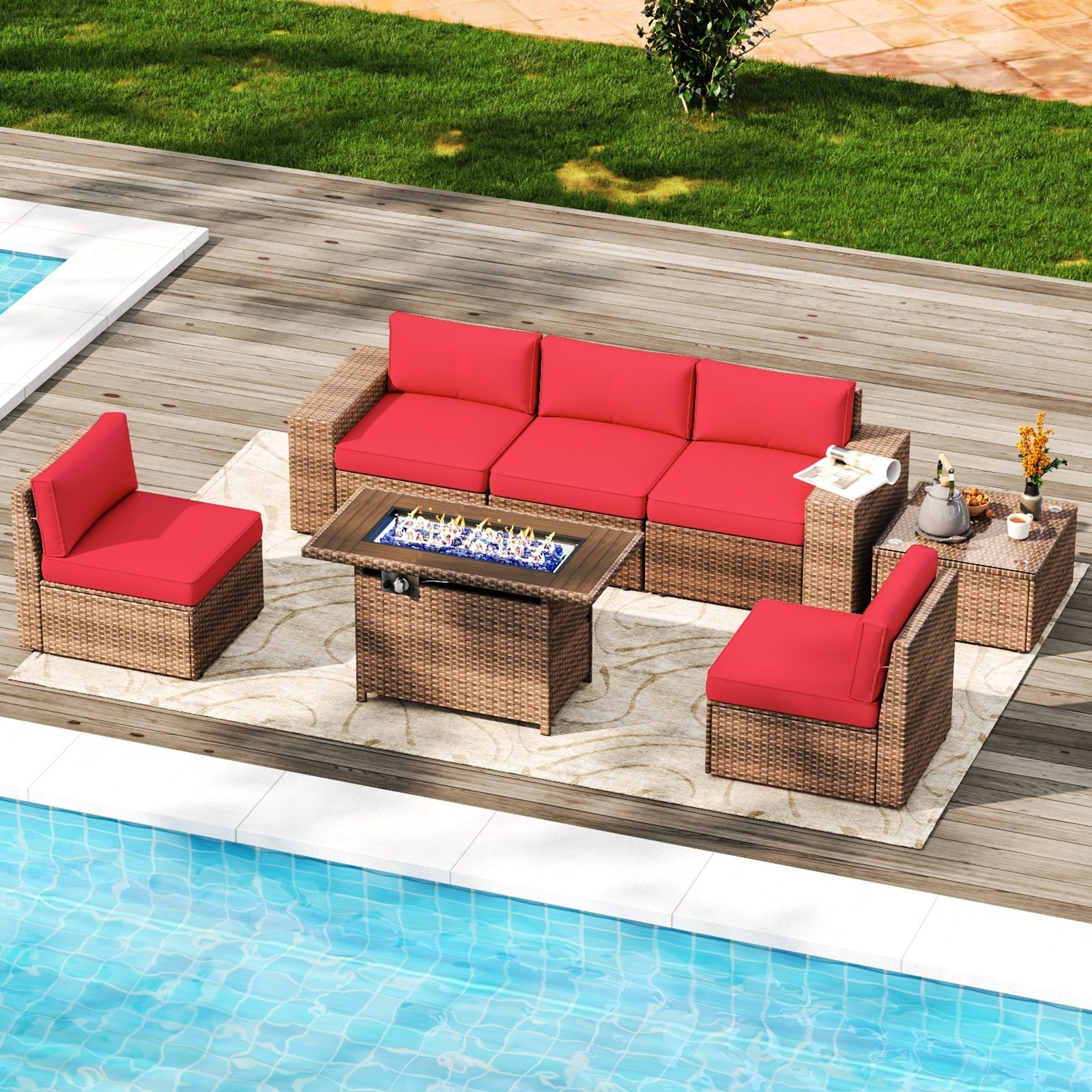 Wicker Patio Furniture Sofa Set with Fire Pit Table