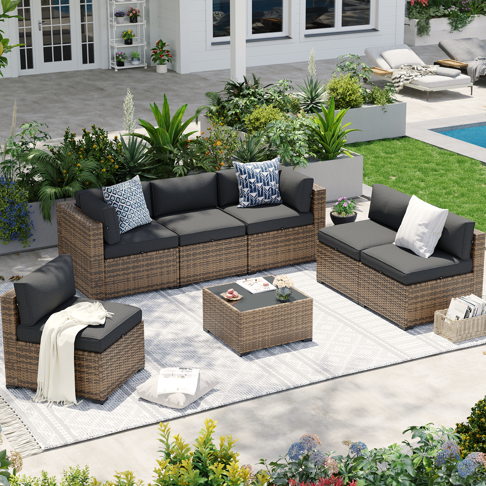 Aoxun Patio Furniture Sets Wicker Outdoor Conversation Set Sectional Sofa for Backyard, Poolside, Garden