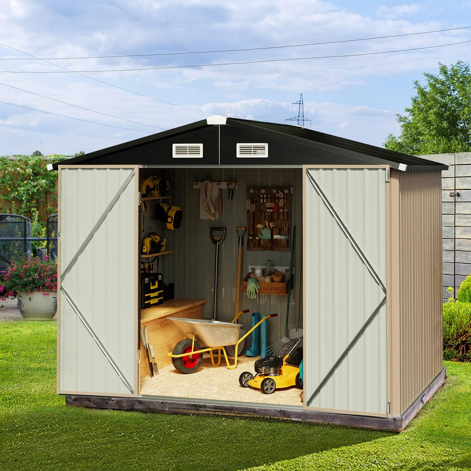 Utility Metal Shed, Steel Tool Shed with Air Vent and Lockable Door