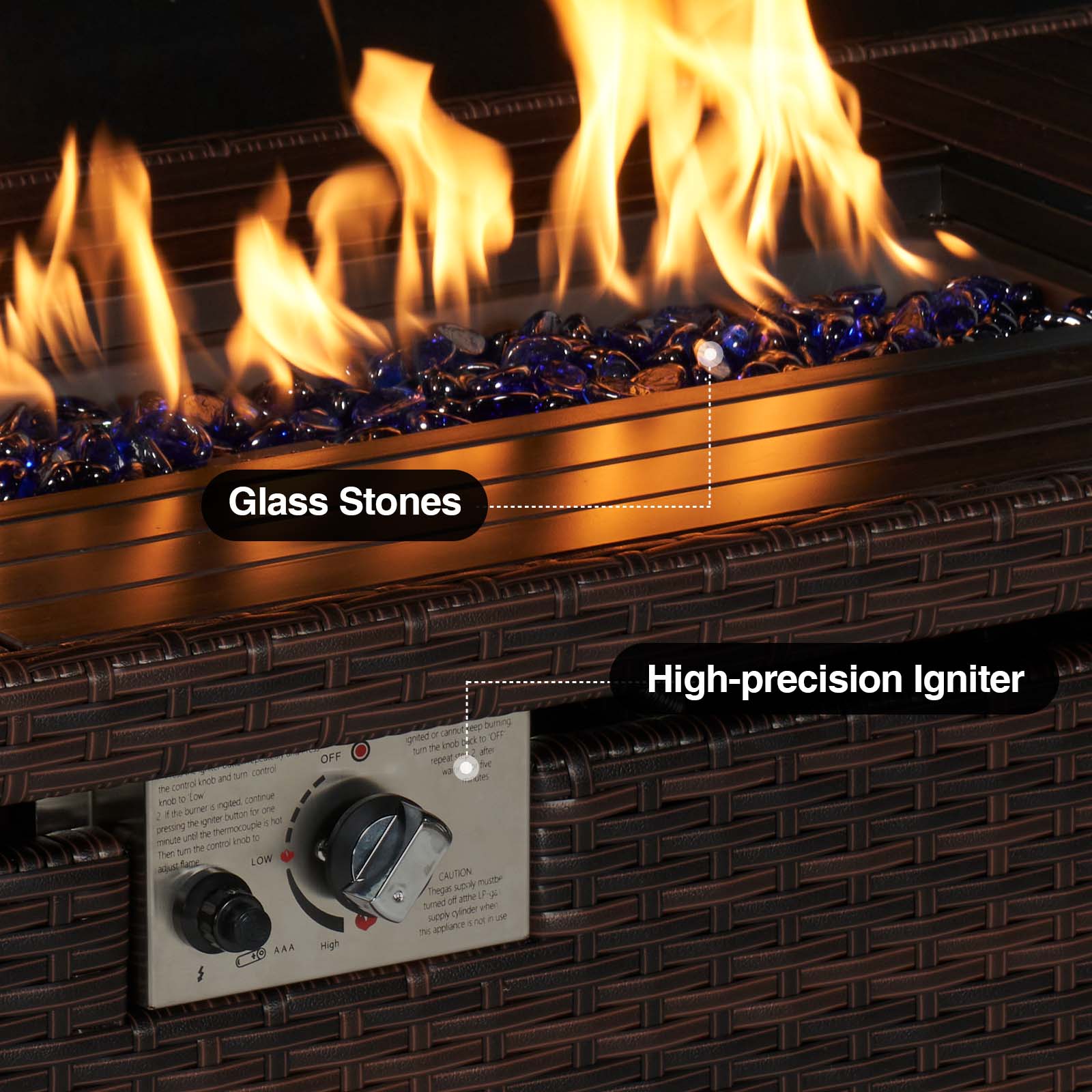 Aoxun 44" Propane Fire Pit with Storage 50,000 BTU Outdoor Wicker Fire Table with Wood-grainTabletop CSA Certified Patio Rectangular 2-in-1 Gas Fire Pit Table with Firepit Lid and Waterproof Cover