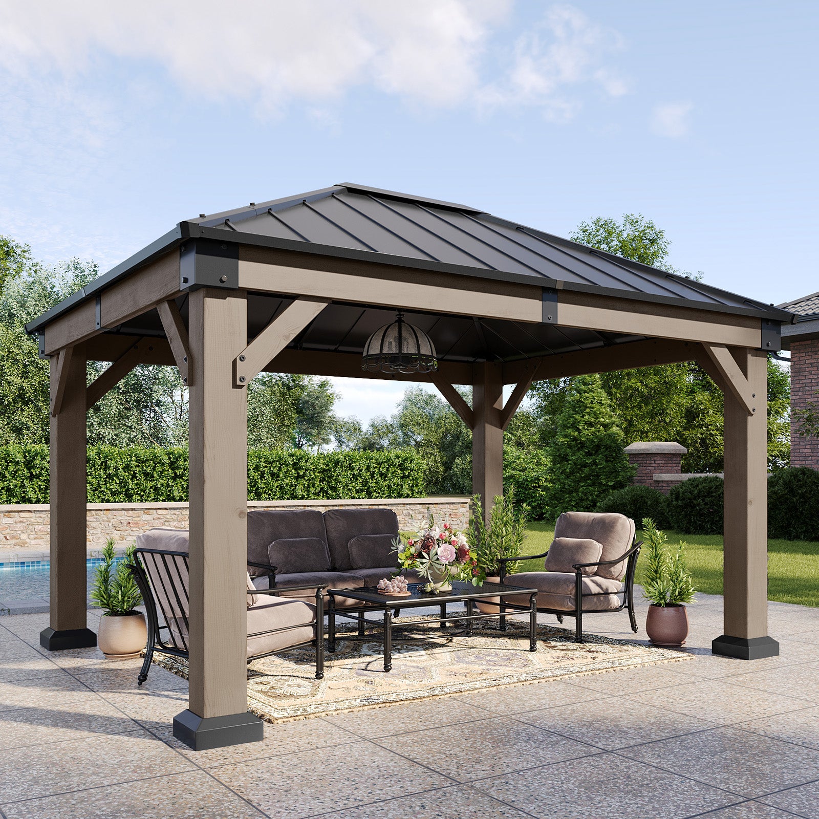 10' x 12' Outdoor Wood Gazebo, Hardtop Gazebo Permanent Wooden Pavilion with Galvanized Steel Roof, for Patio, Garden, Deck, Cedar Wood