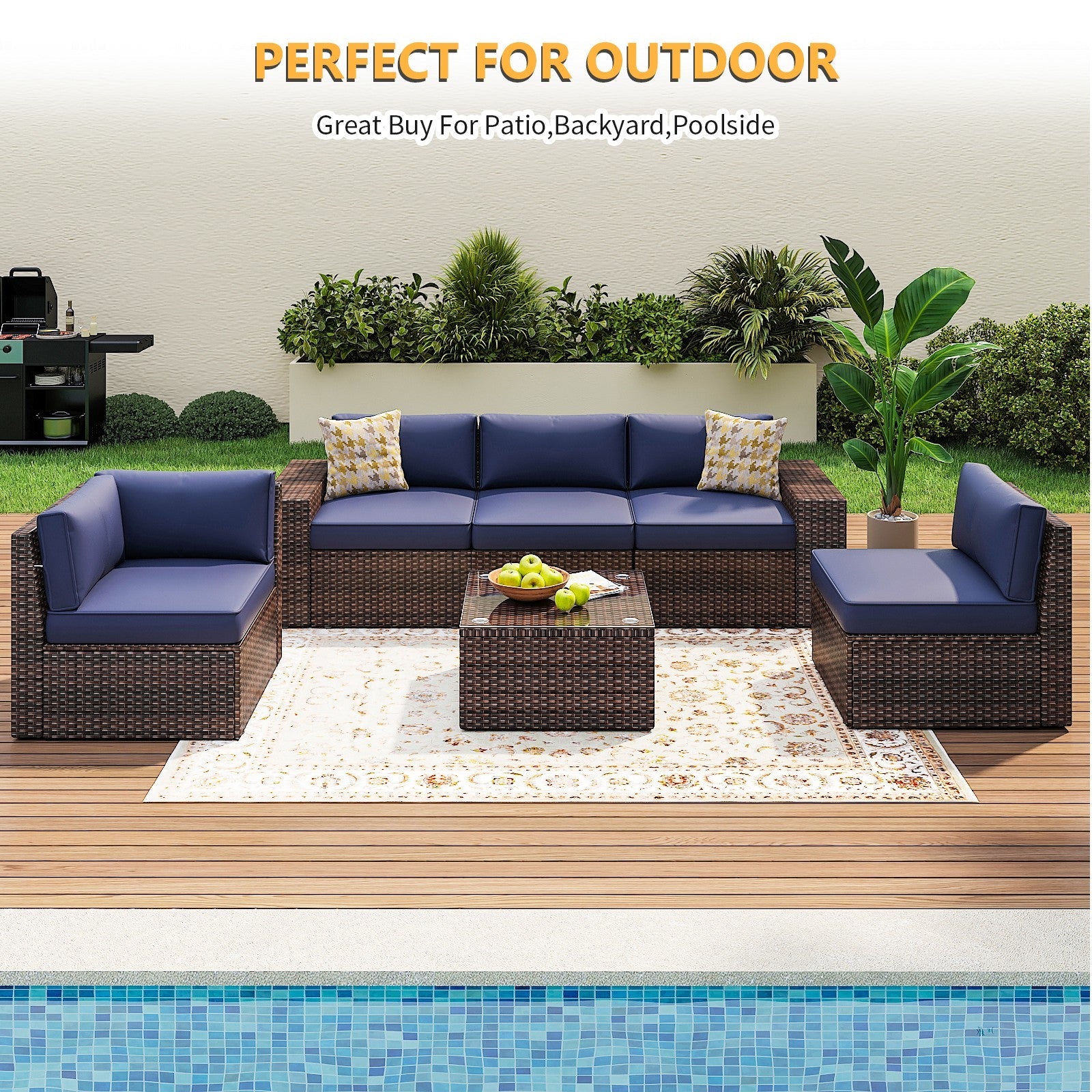 6 Pieces Wicker Sectional Sofa Set Outdoor Furniture Rattan Patio Conversation Set with Removable Cushions and Tempered Glass Coffee Table (Blue/Red/Beige)