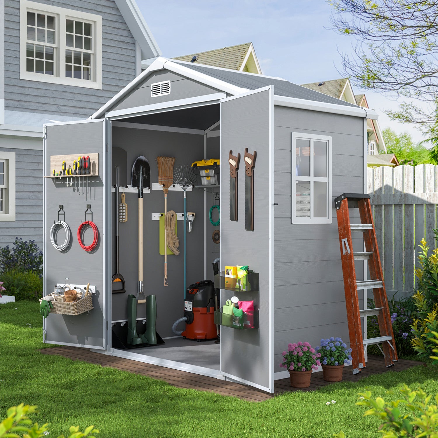 Aoxun 6x4 FT Outdoor Storage Shed, Plastic Garden Resin Shed with Floor and Window for Patio, Lawn, Outdoor Storage with Lockable Door for Bike, Garbage Can, Tools, Grey