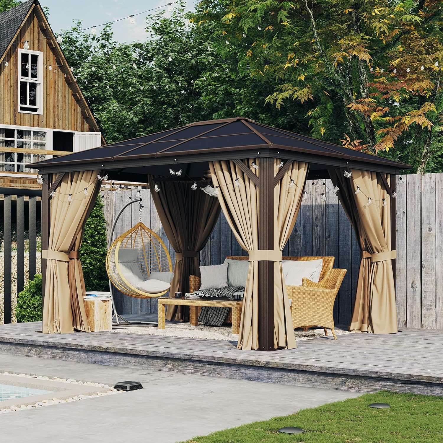 Aoxun 10' x 12' Gazebo Single Polycarbonate Top, Outdoor Aluminum Frame Permanent Gazebo with Curtains and Netting, for Patio, Party, Backyard, Garden and Lawn