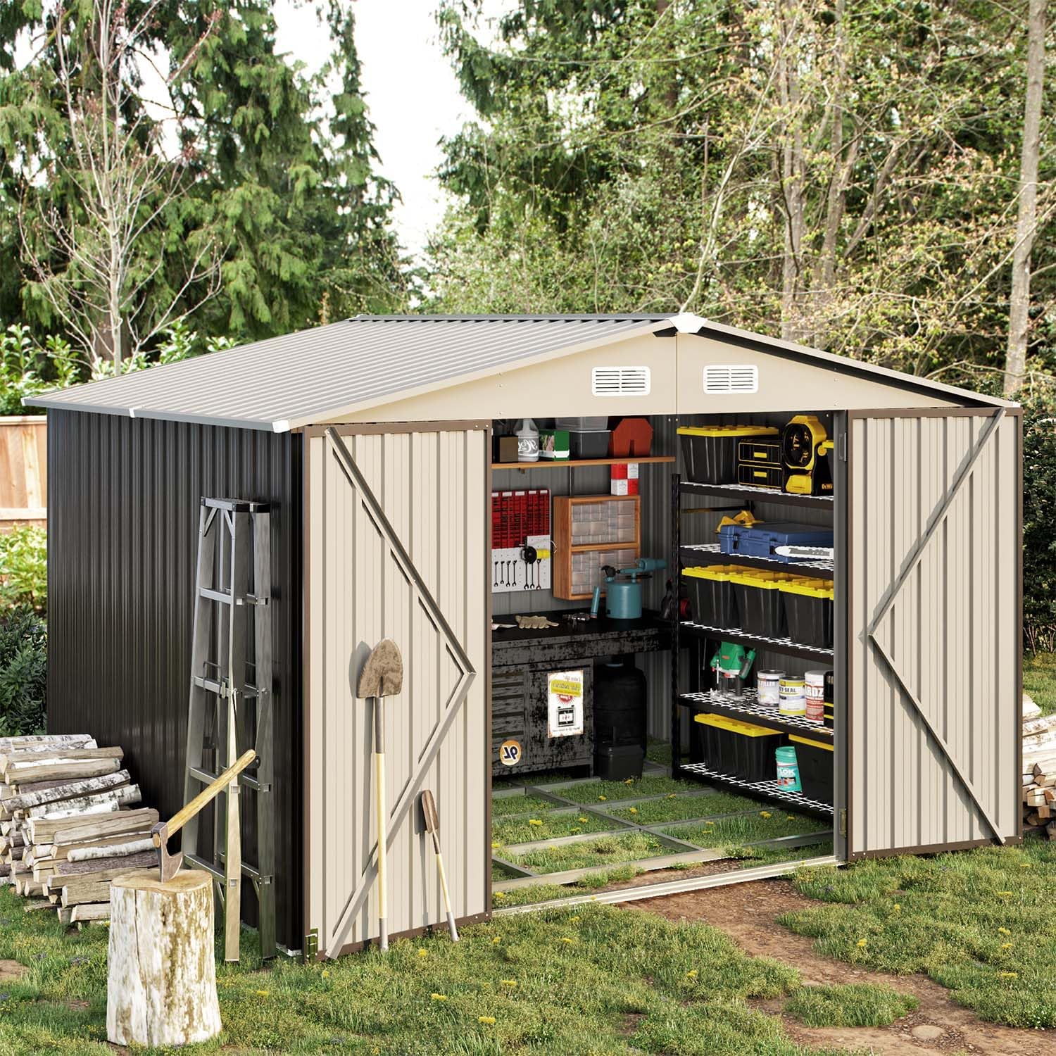 Utility Metal Shed, Steel Tool Shed with Air Vent and Lockable Door