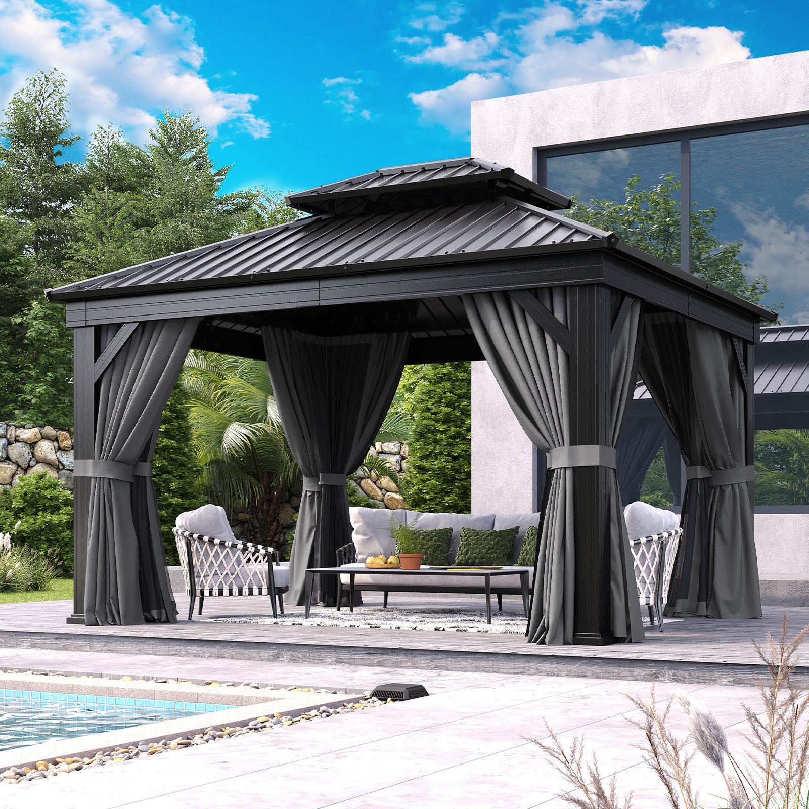 10' X 12' Hardtop Gazebo, Aluminum Outdoor Gazebo with Galvanized Steel Double Roof Canopy, Permanent Metal Gazebo with Privacy Curtain and Netting, for Garden, Backyard, Deck