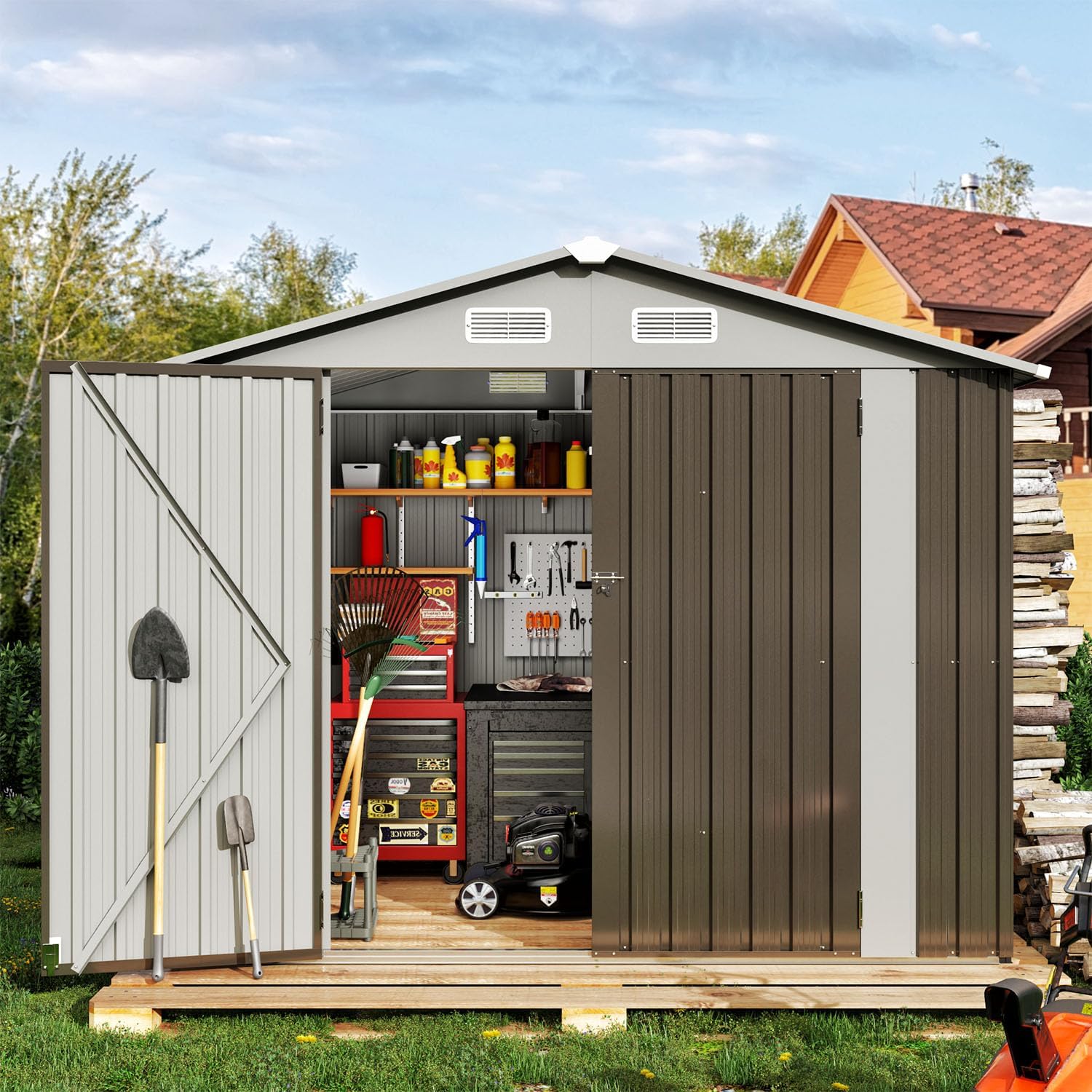 Utility Metal Shed, Steel Tool Shed with Air Vent and Lockable Door