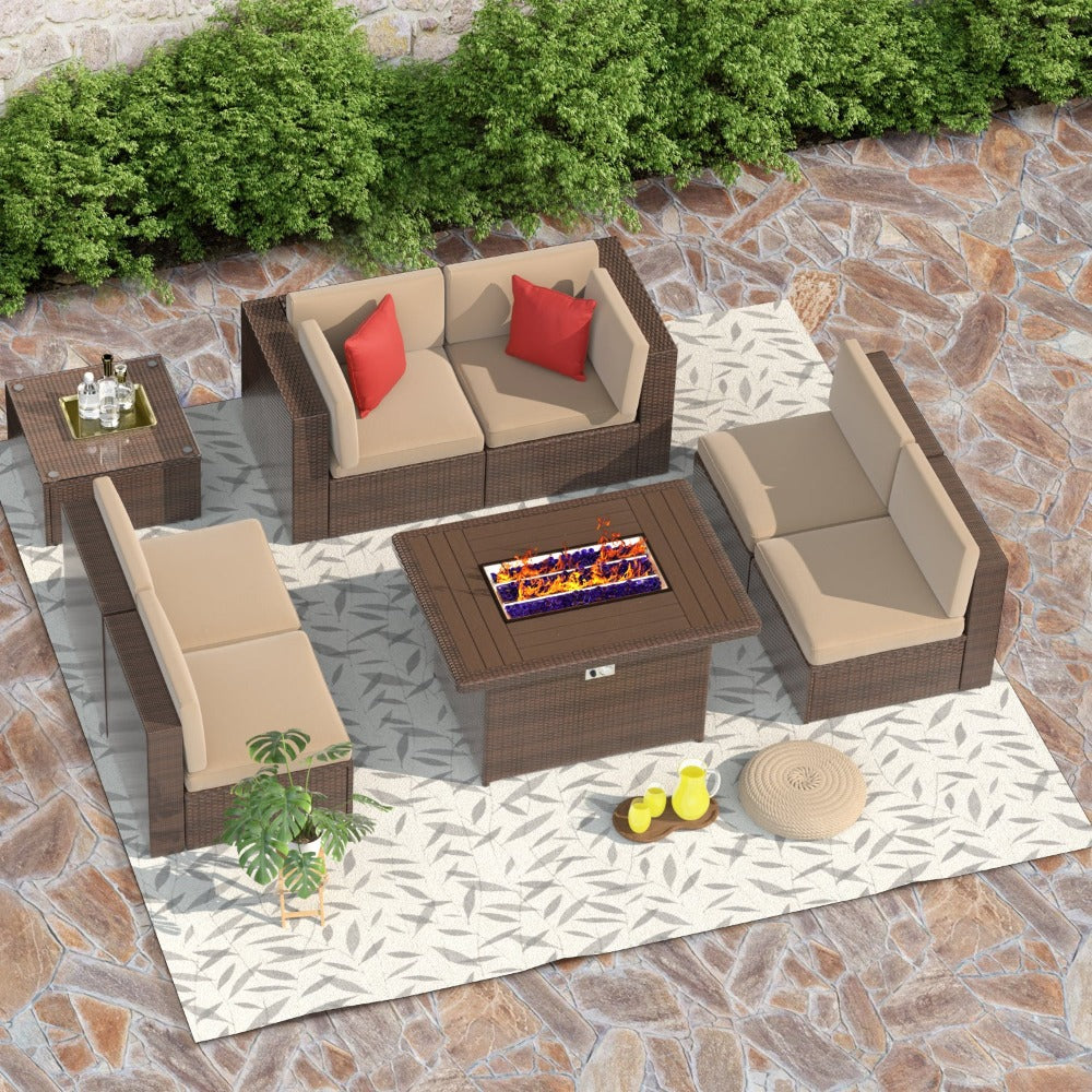 7 Pieces Outdoor Sectional Wicker Sofa Set with Waterproof Cushion, 2 Pillows and Glass Table, Brown