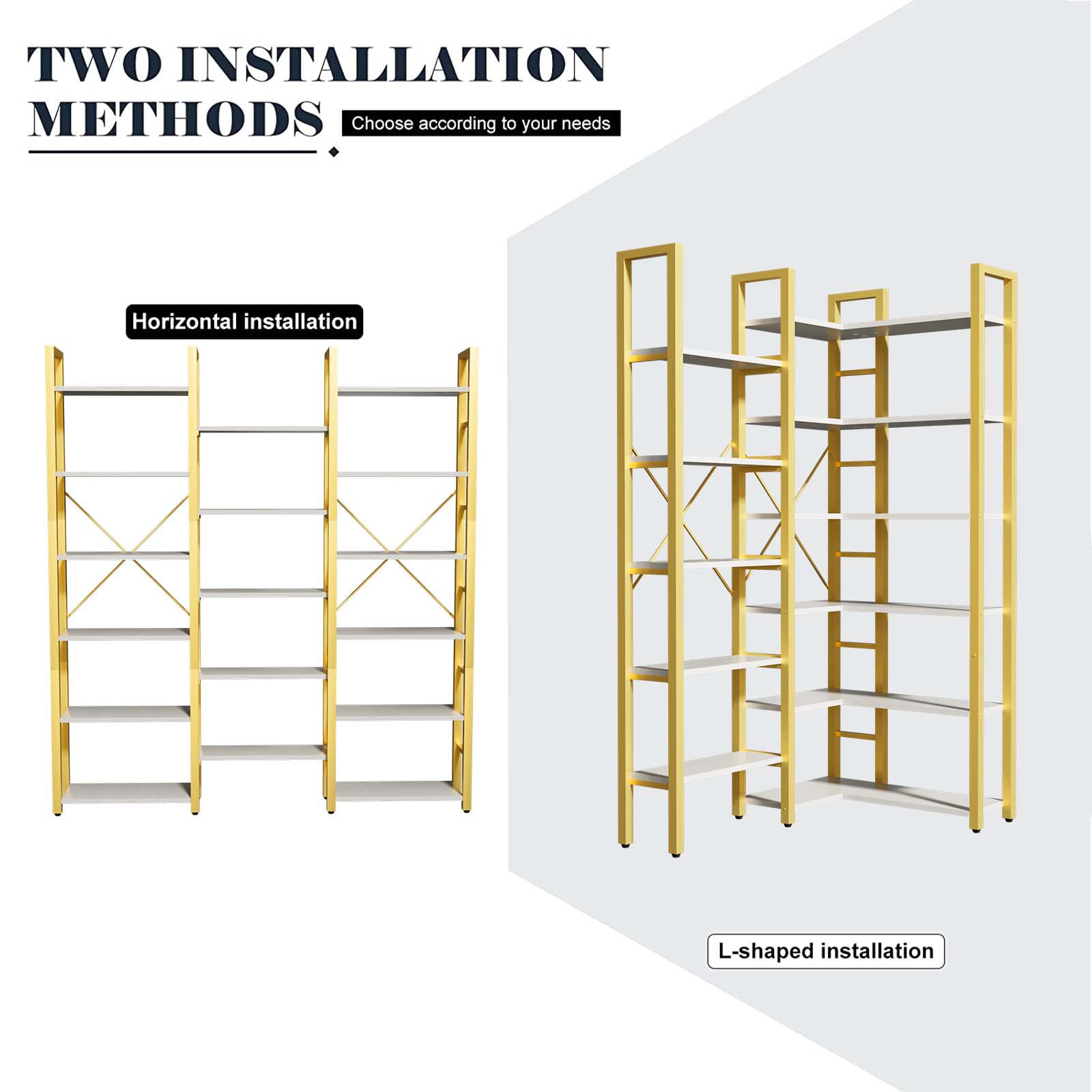 6 Tiers Triple Wide Corner Bookcase with 17 High Quality Solid Open Shelves, Gold