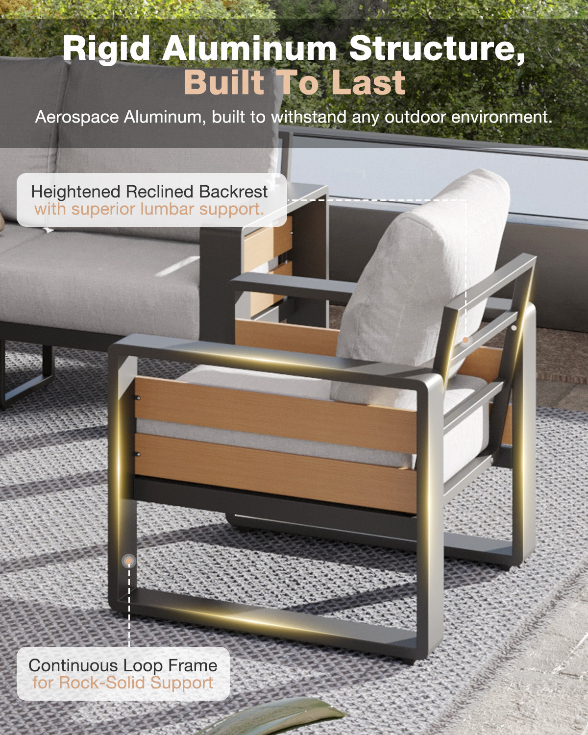 Aoxun Aluminum Patio Furniture Set, 5 Piece Luxury Outdoor Sectional with 6" Olefin Fabric Cushions, patio Conversation Sets with Coffee Table and Waterproof Cover for Backyard, Porch Dark Grey