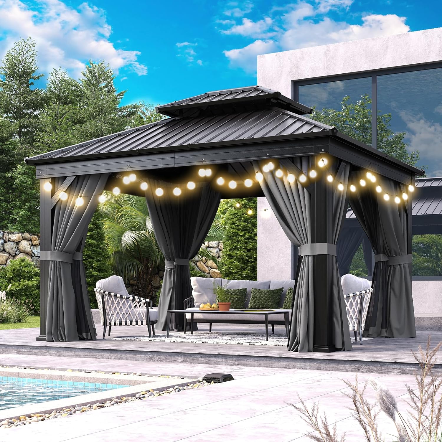 Aoxun 12' X 20' Hardtop Gazebo, Aluminum Outdoor Gazebo with Galvanized Steel Double Roof Canopy, Permanent Metal Pavilion with Privacy Curtain and Netting, for Poolside, Backyard, Square Foundation