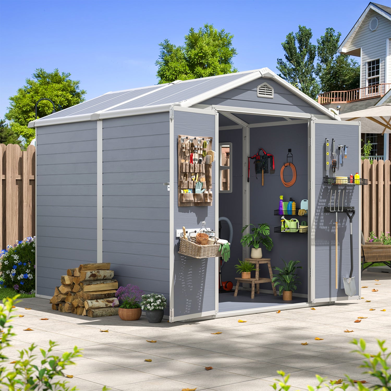 Aoxun 6x4 FT Outdoor Storage Shed, Plastic Garden Resin Shed with Floor and Window for Patio, Lawn, Outdoor Storage with Lockable Door for Bike, Garbage Can, Tools, Grey