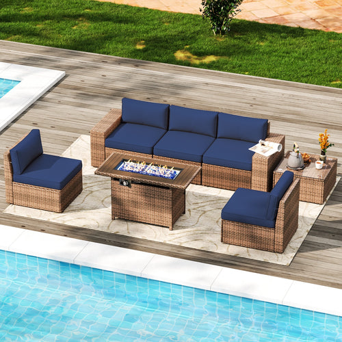 7-Piece Wicker Rattan Patio Conversation Set with 44” Fire Pit Table, Outdoor Sectional Sofa Set with Thickened Cushions and Tempered Glass Coffee Table (Blue/Red/Beige)