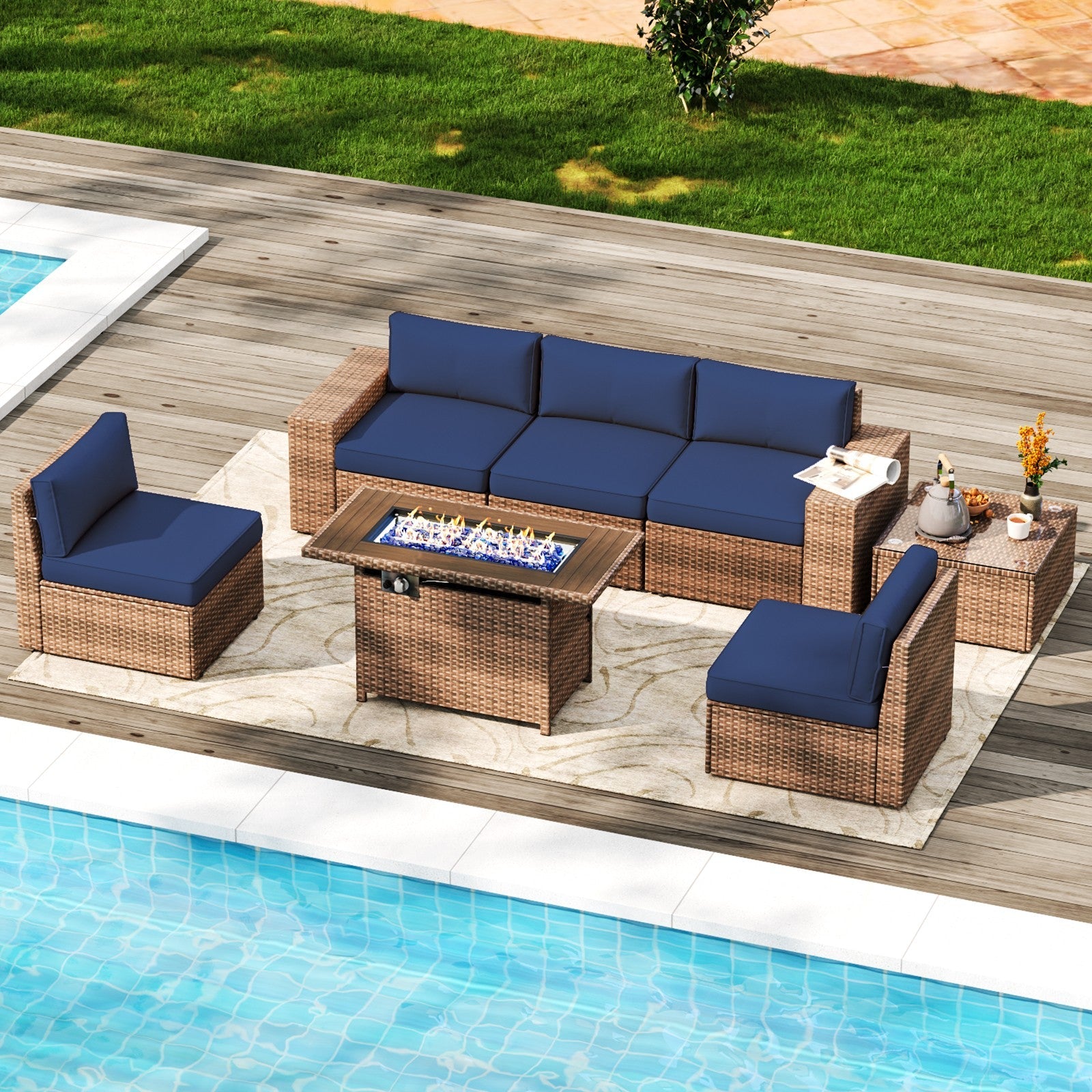 7 Pieces Wicker Rattan Patio Conversation Set with 44” Fire Pit Table, Outdoor Sectional Sofa Set with Thickened Cushions and Tempered Glass Coffee Table (Blue/Red/Beige)