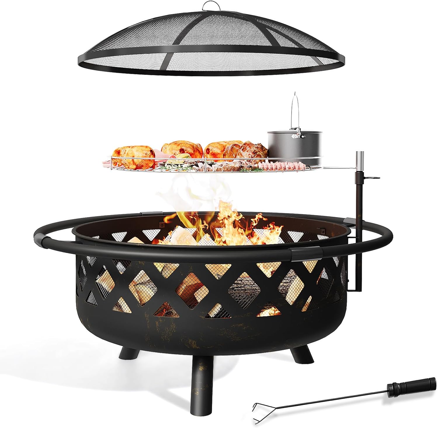 Fire Pit with Cooking Grate Grill, Outdoor Wood Burning Fire Pit with Cover & Fire Poker