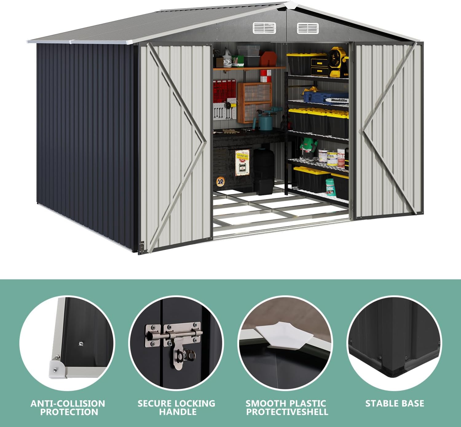 Utility Metal Shed, Steel Tool Shed with Air Vent and Lockable Door